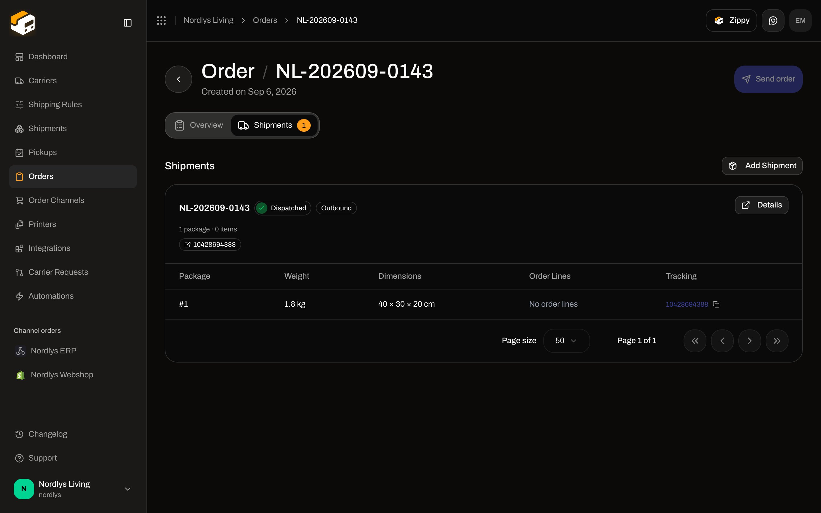 Order Shipments tab with a dispatched shipment card and tracking number