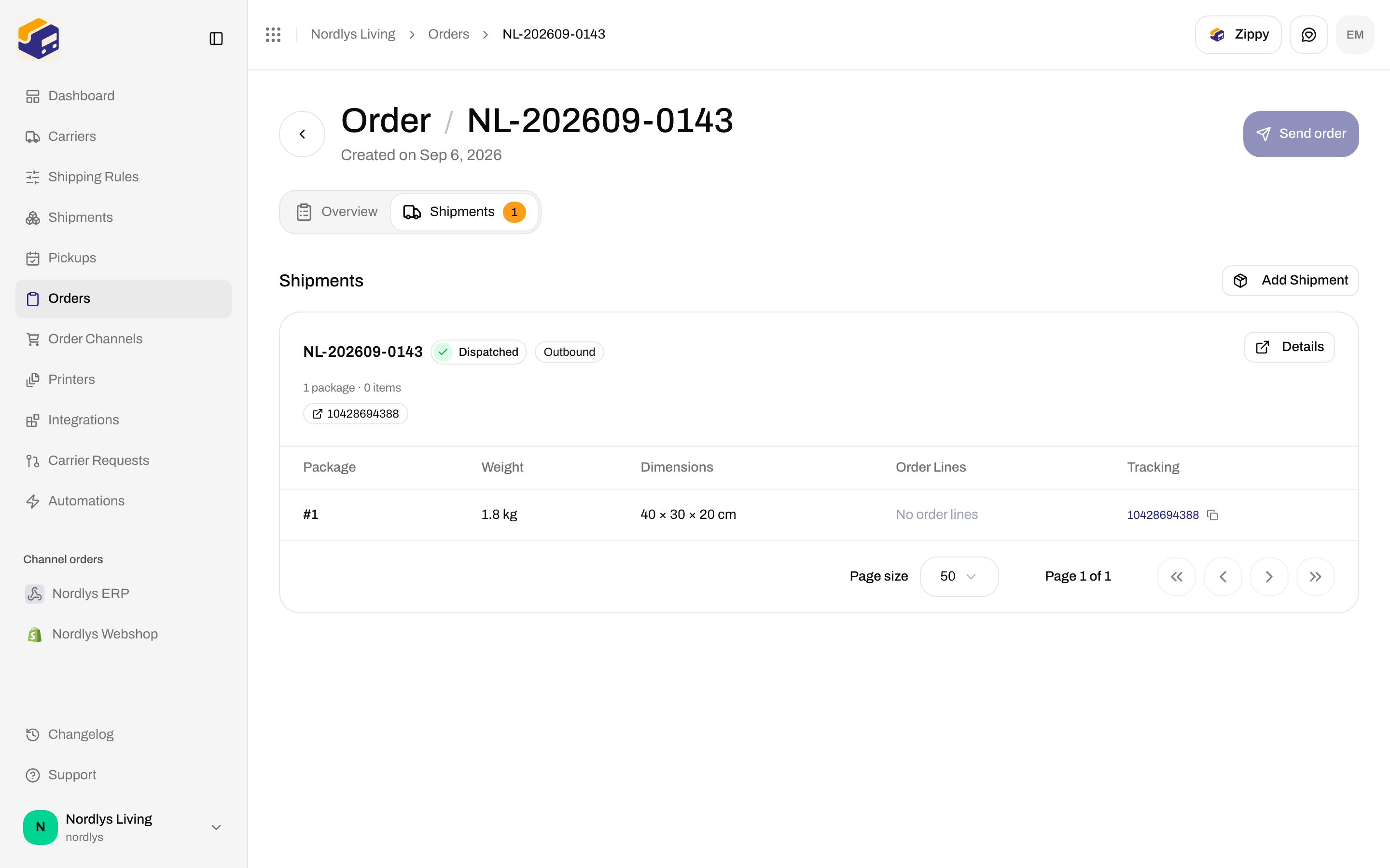 Order Shipments tab with a dispatched shipment card and tracking number