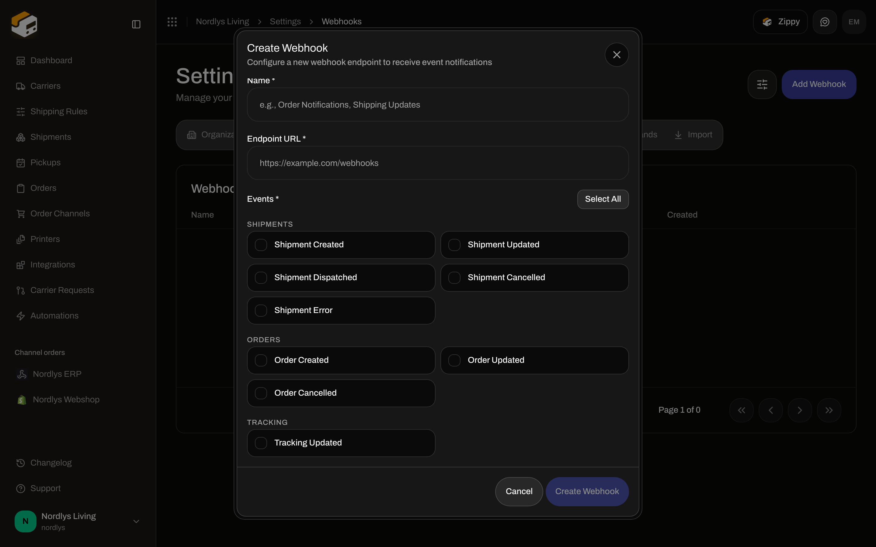 Create Webhook modal with the Tracking group and Tracking Updated event