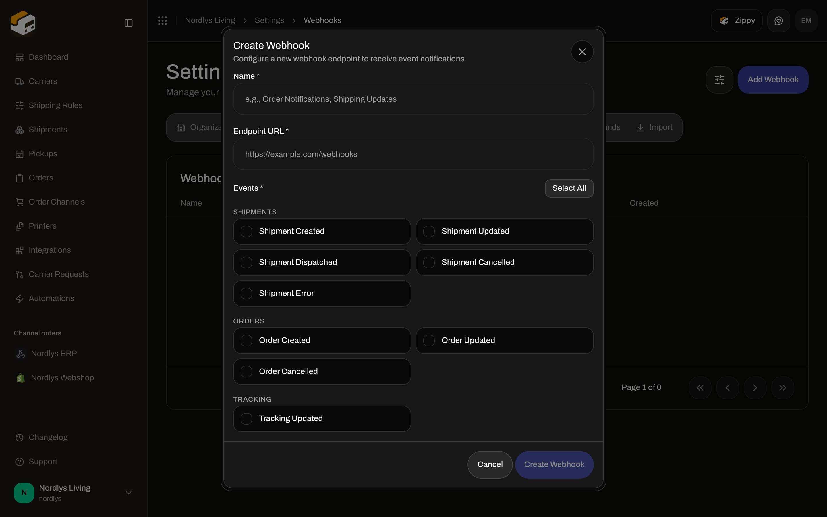 Create Webhook modal with the Tracking group and Tracking Updated event