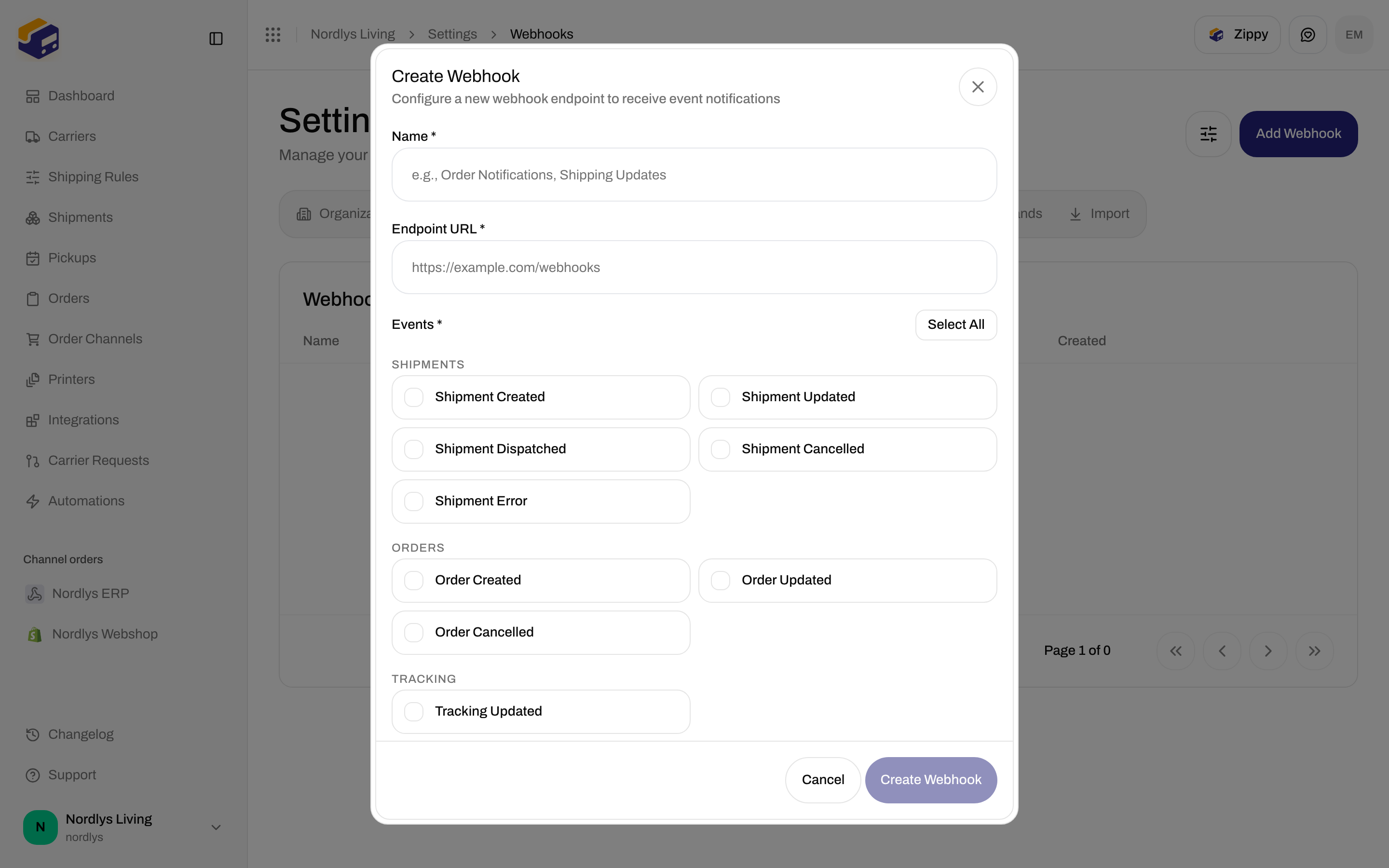 Create Webhook modal with the Tracking group and Tracking Updated event