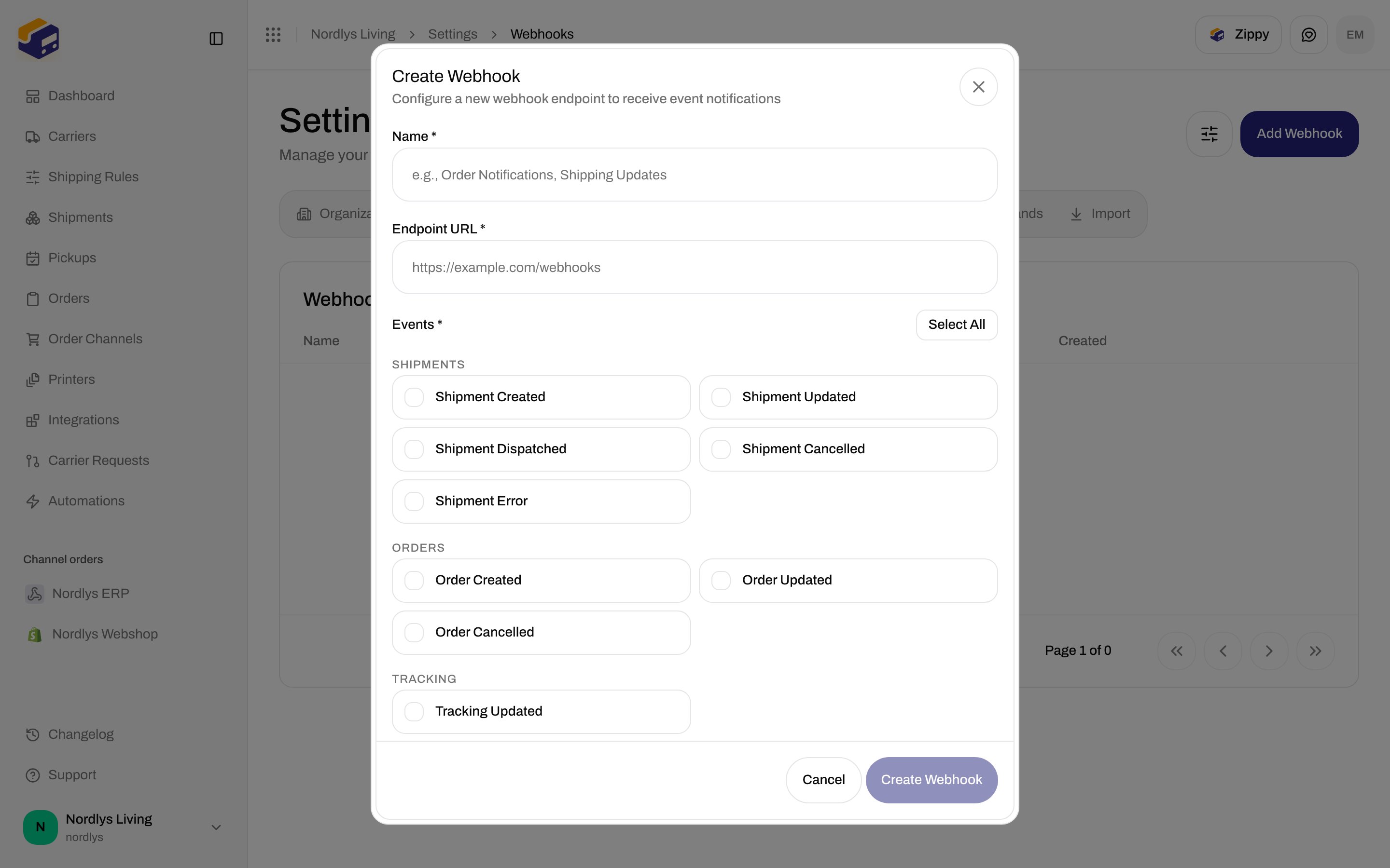 Create Webhook modal with the Tracking group and Tracking Updated event
