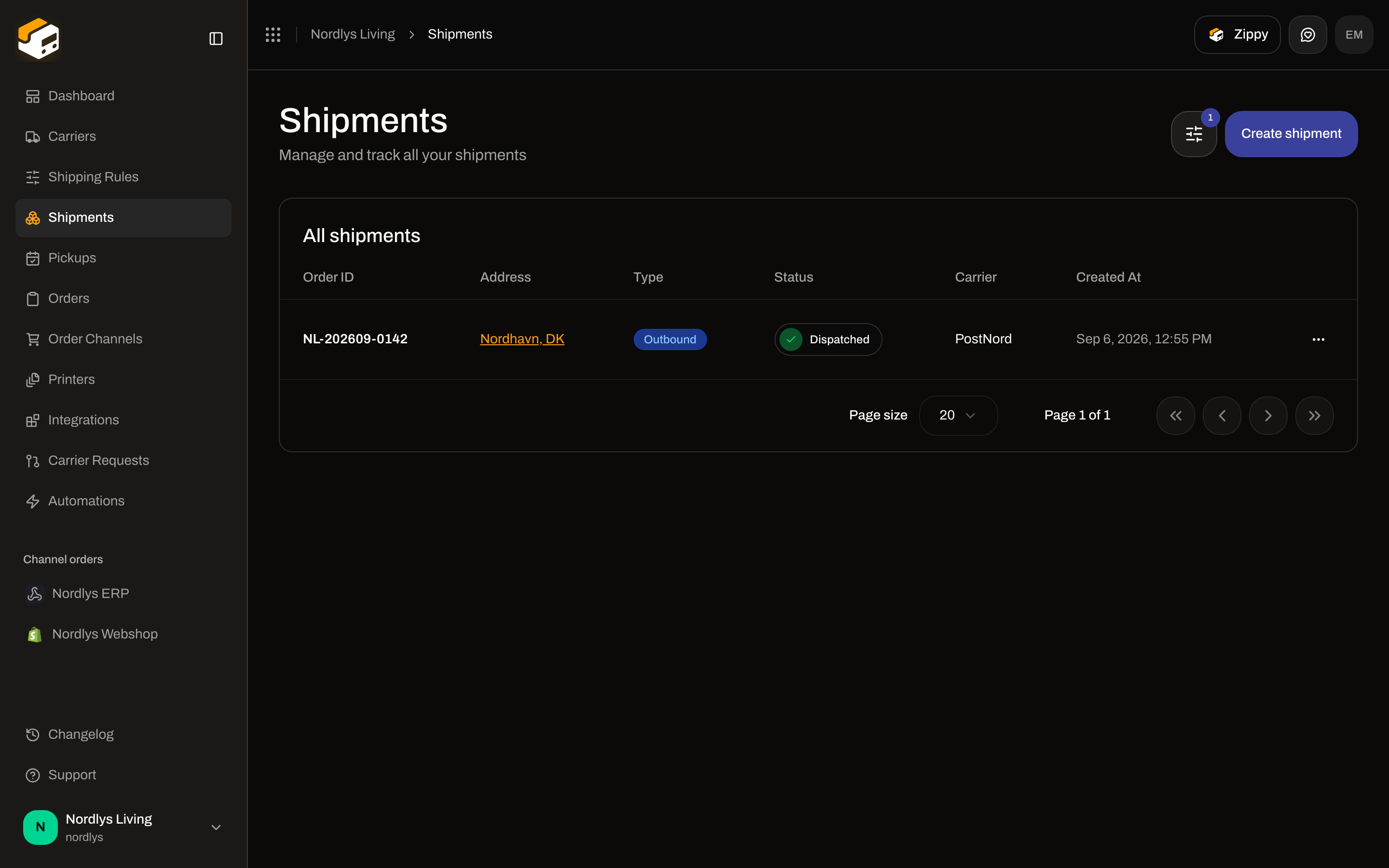 Shipments list filtered to the shipment that matches a tracking number
