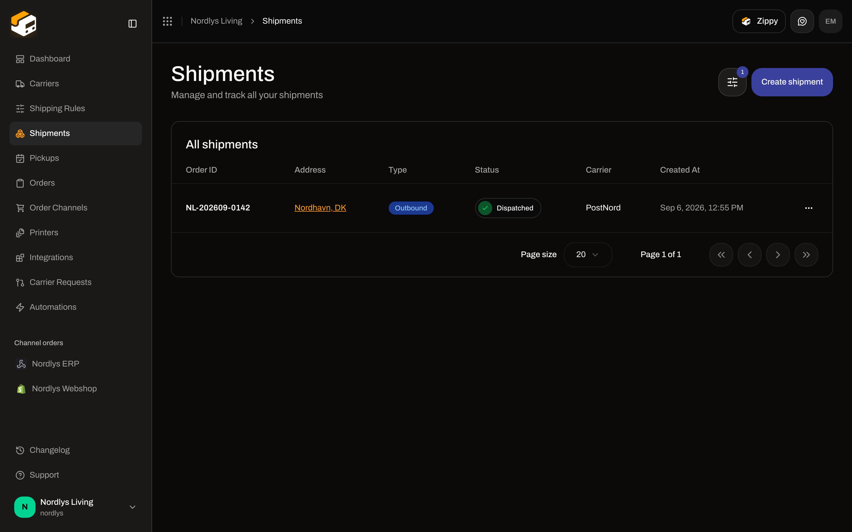 Shipments list filtered to the shipment that matches a tracking number