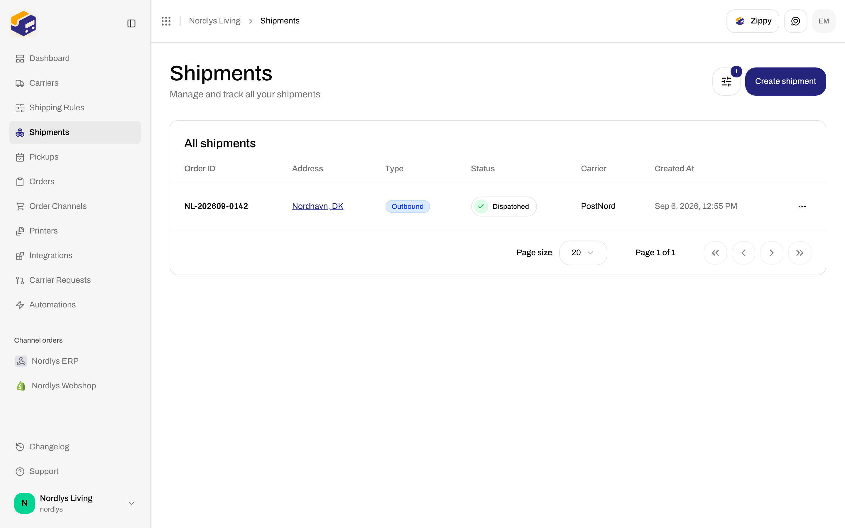 Shipments list filtered to the shipment that matches a tracking number