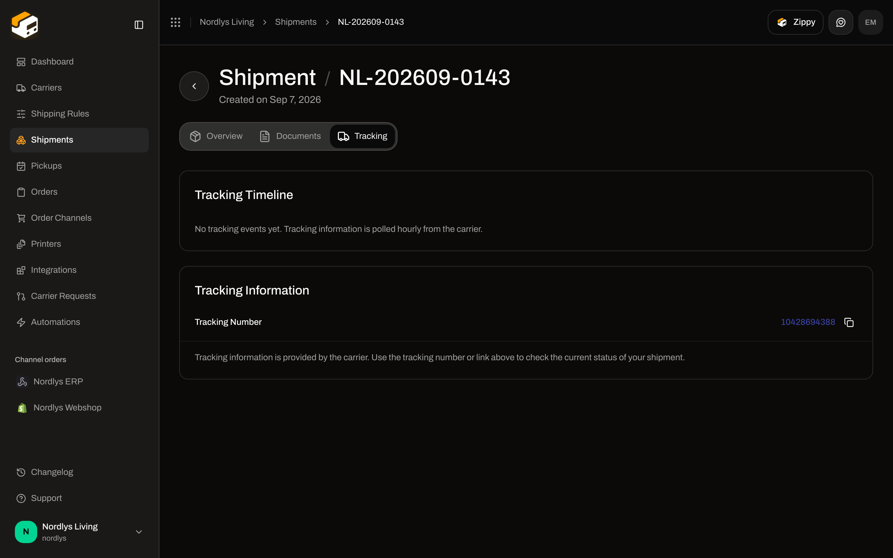 Tracking Timeline showing no tracking events yet, polled hourly from the carrier