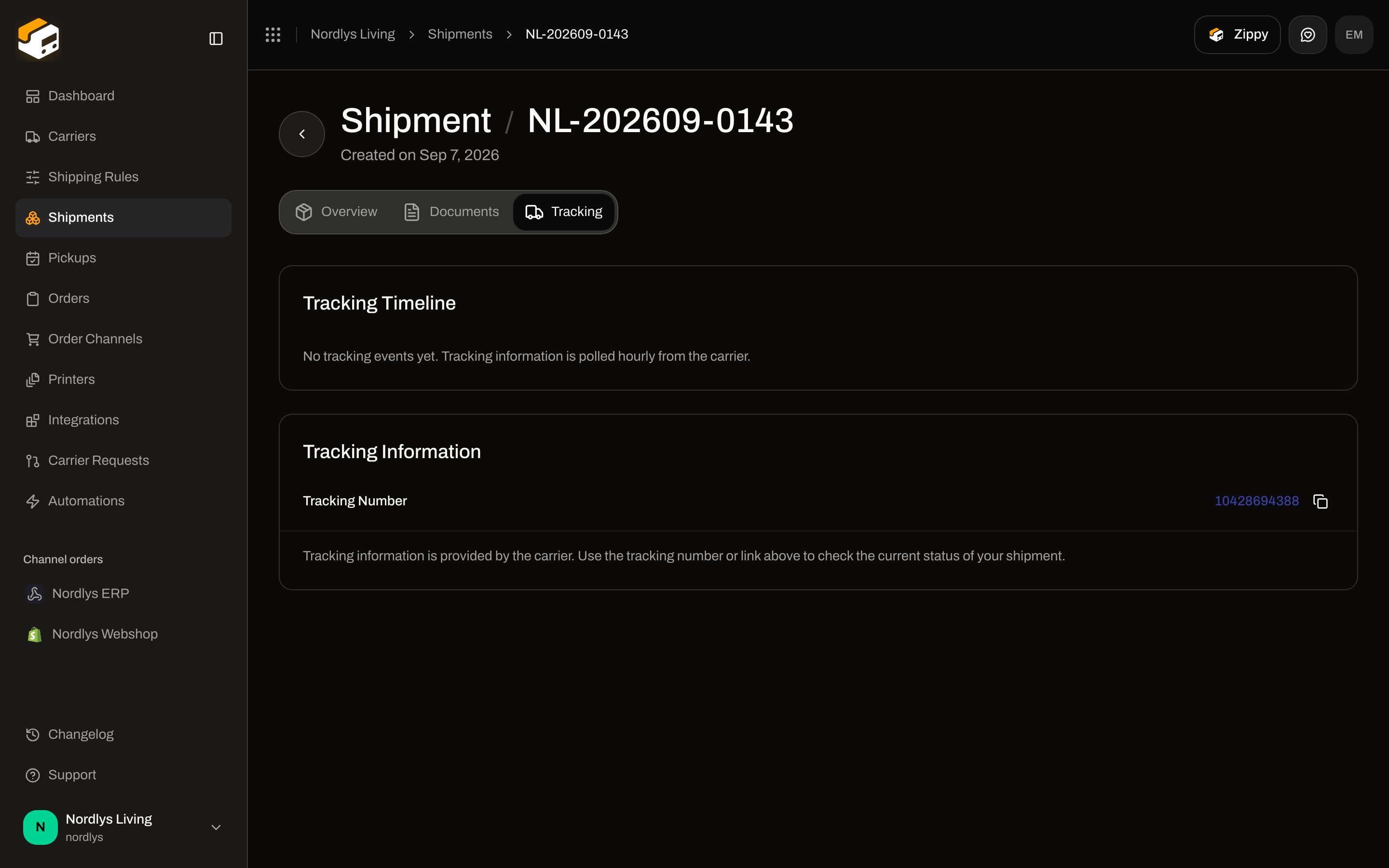Tracking Timeline showing no tracking events yet, polled hourly from the carrier