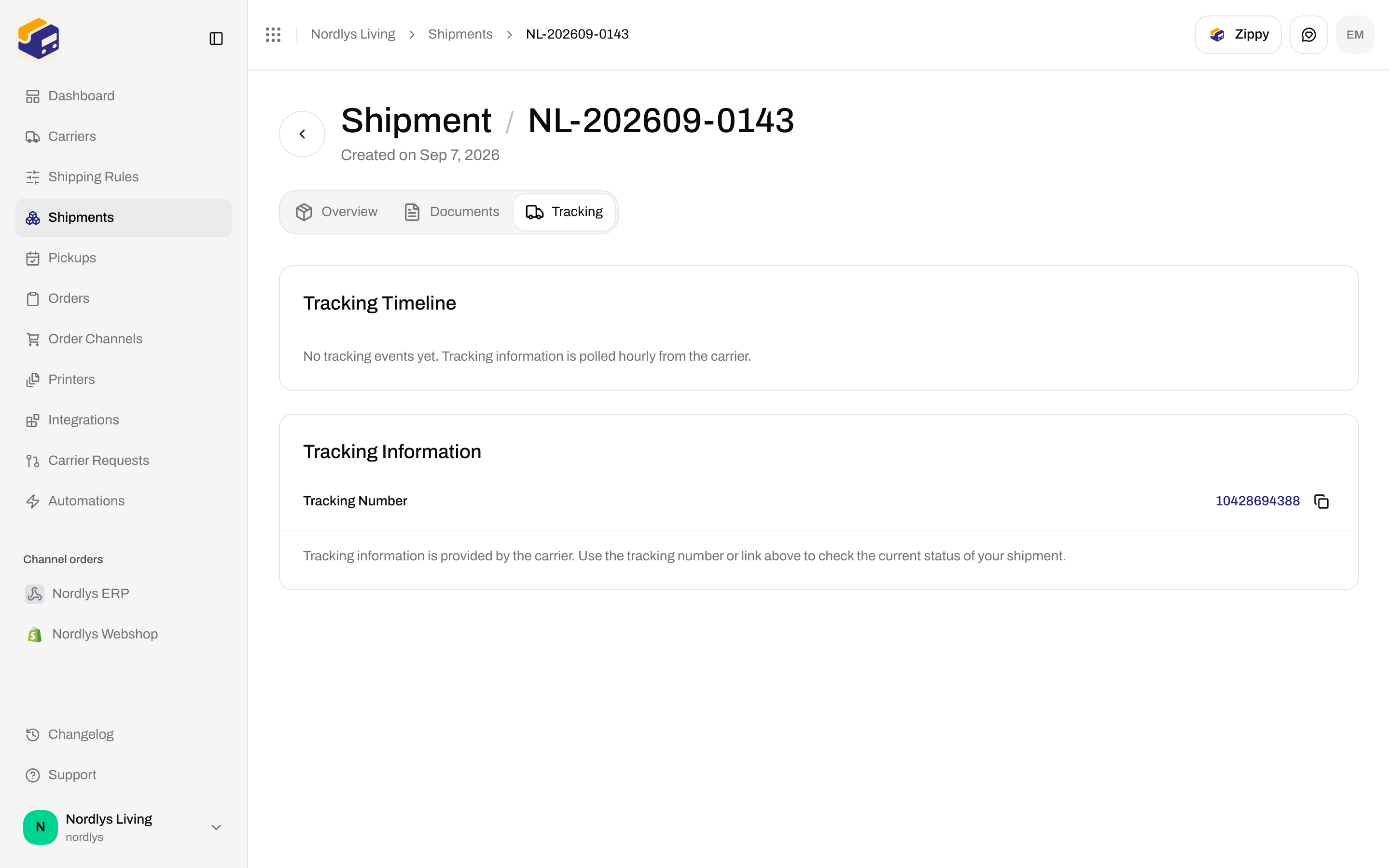Tracking Timeline showing no tracking events yet, polled hourly from the carrier