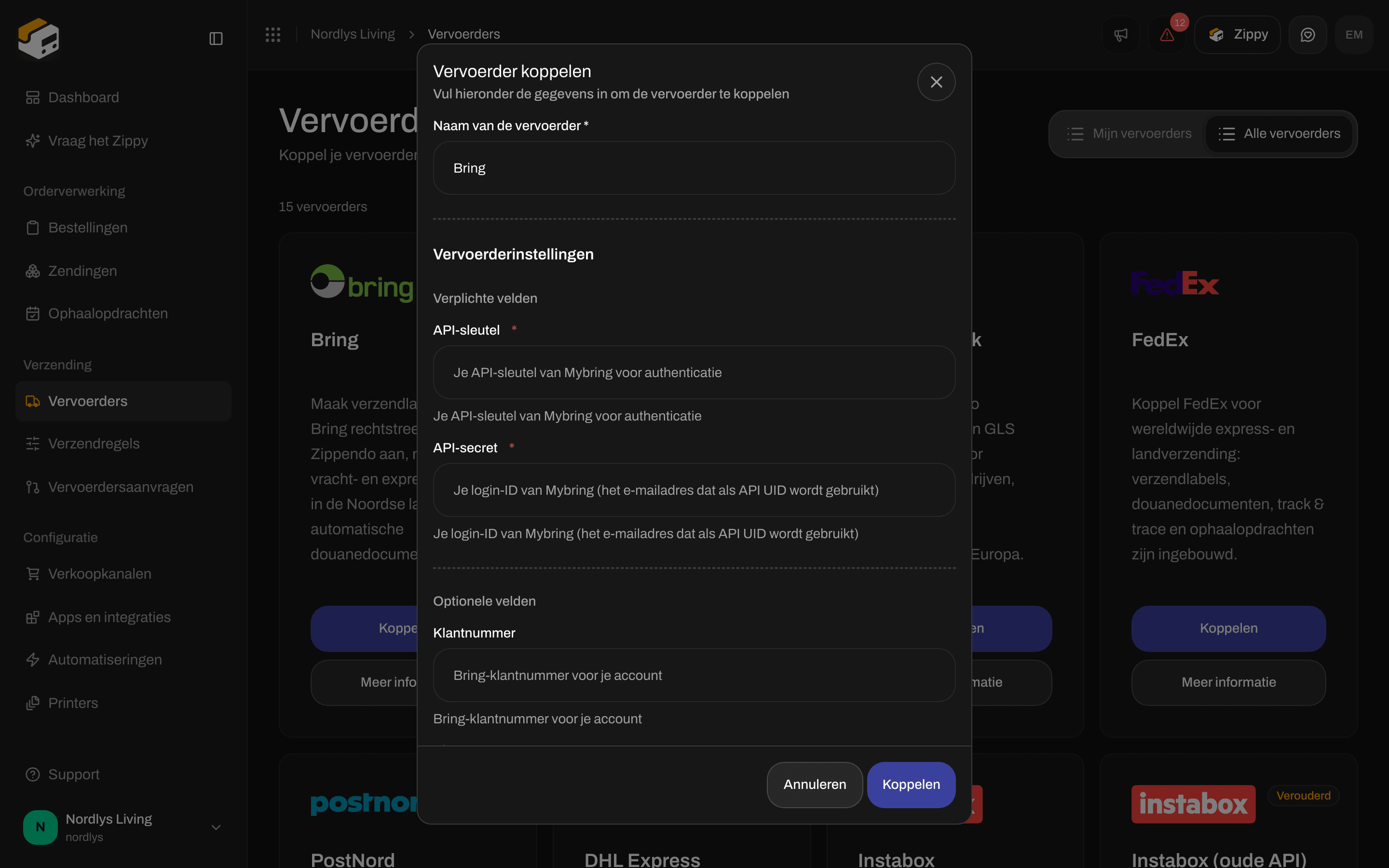 Venster Vervoerder koppelen met Naam van de vervoerder Bring en Vervoerderinstellingen met velden voor API-sleutel en API-secret