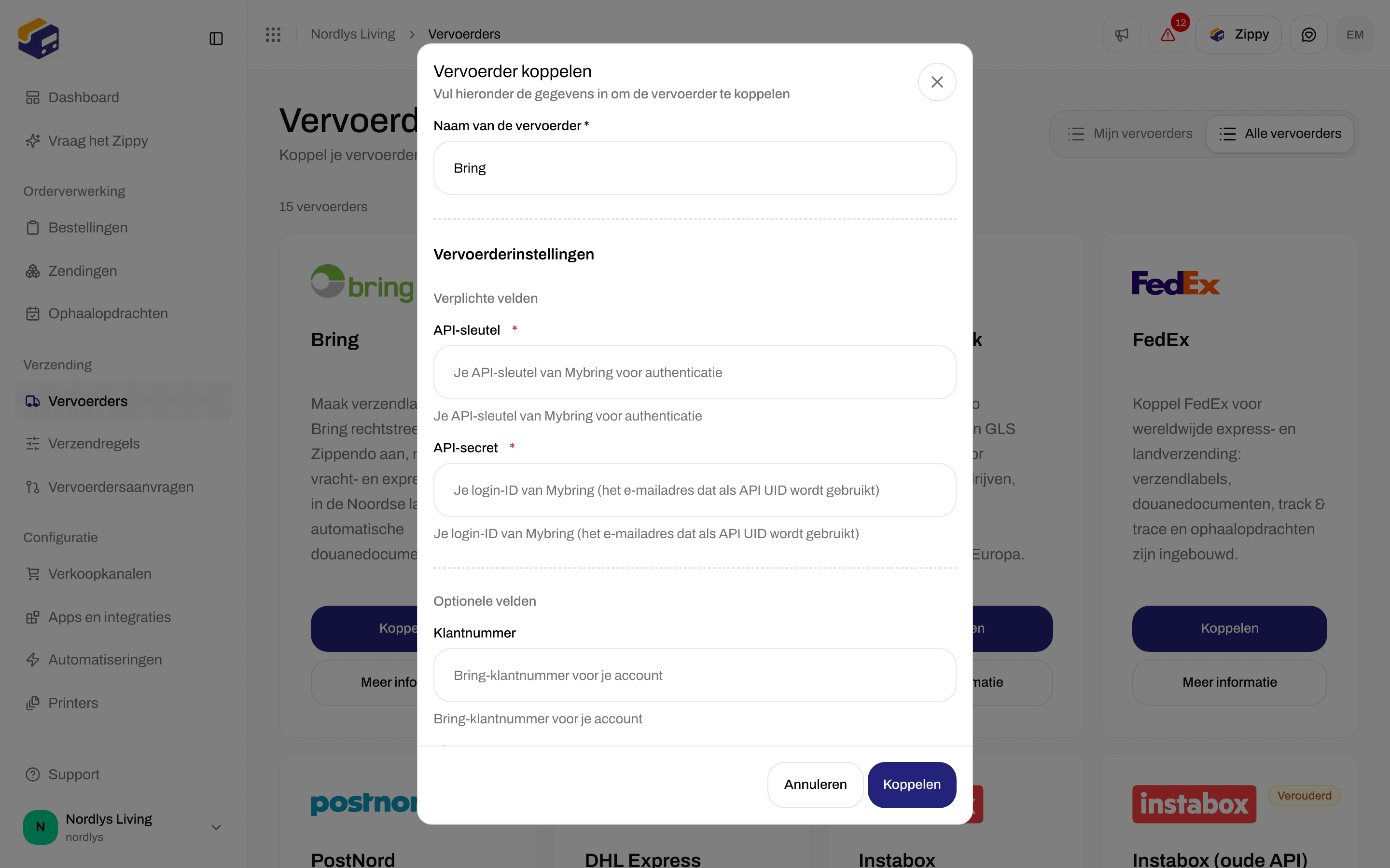 Venster Vervoerder koppelen met Naam van de vervoerder Bring en Vervoerderinstellingen met velden voor API-sleutel en API-secret