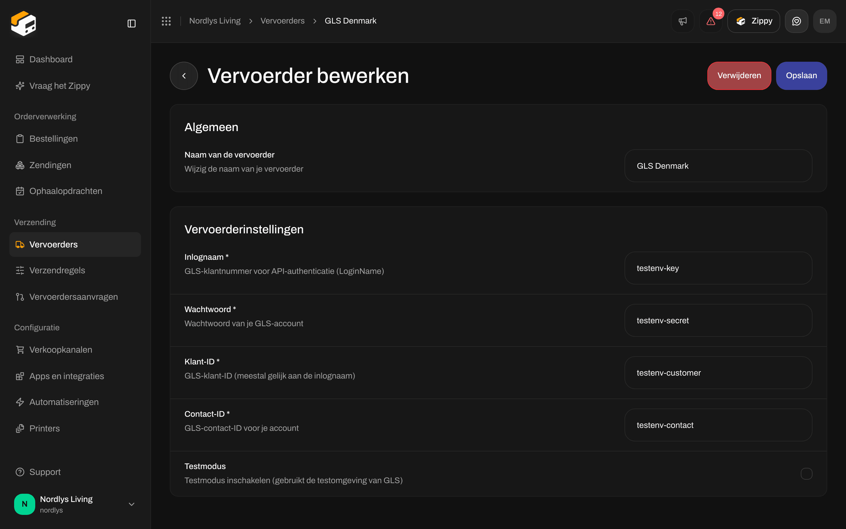 Vervoerder bewerken voor GLS Denmark met Inlognaam, Wachtwoord, Klant-ID, Contact-ID en Testmodus