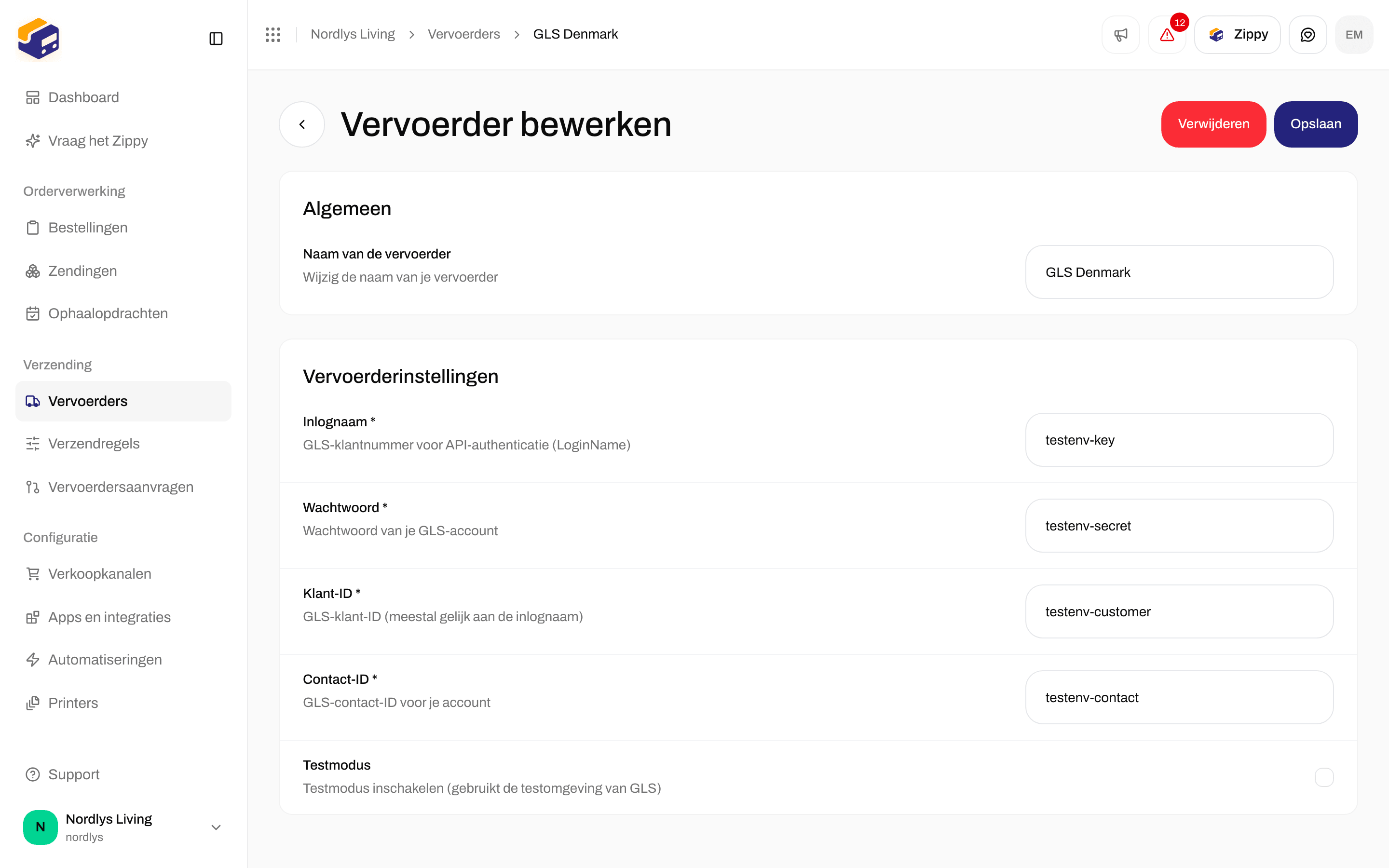 Vervoerder bewerken voor GLS Denmark met Inlognaam, Wachtwoord, Klant-ID, Contact-ID en Testmodus