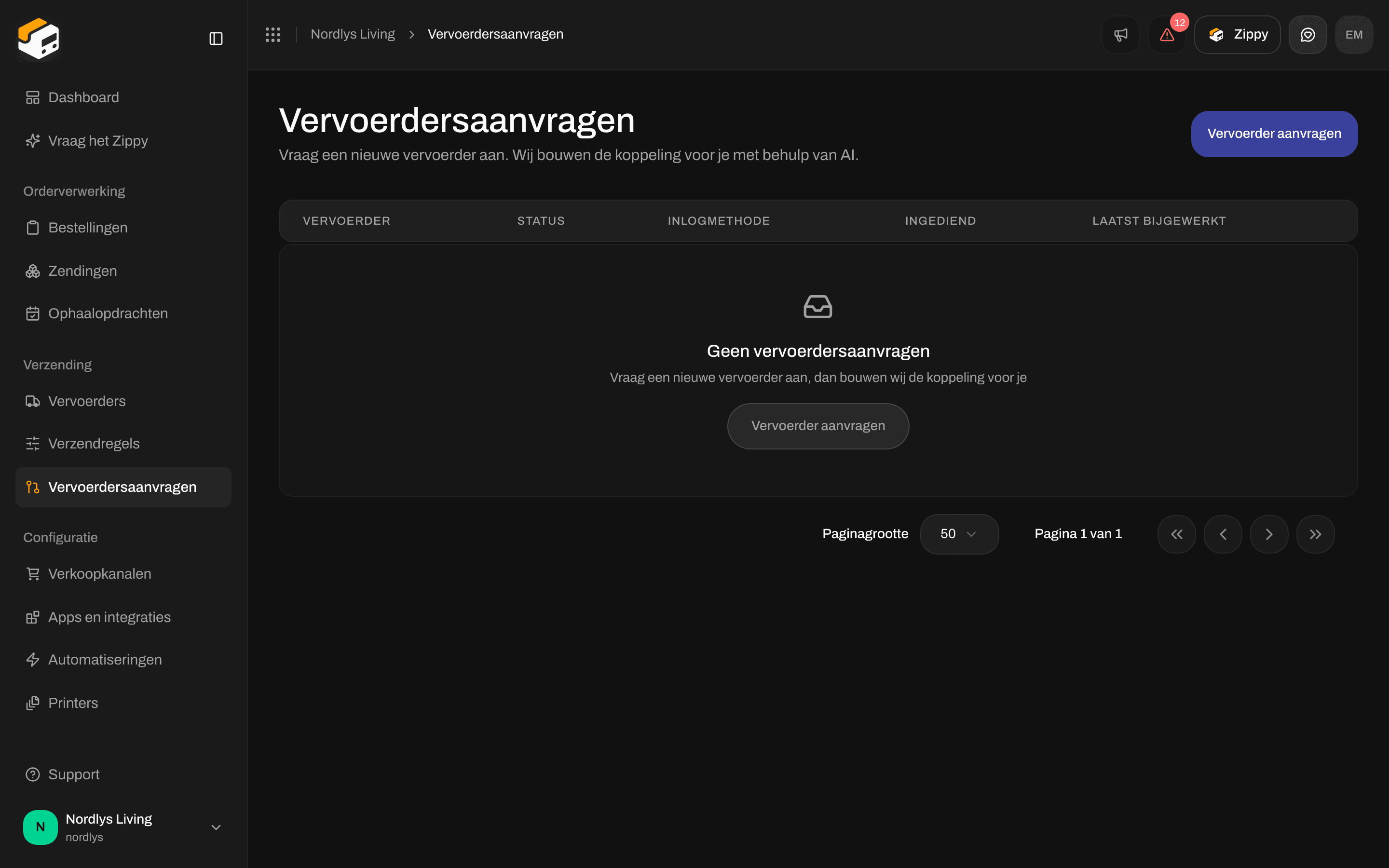 Pagina Vervoerdersaanvragen zonder aanvragen en de knop Vervoerder aanvragen