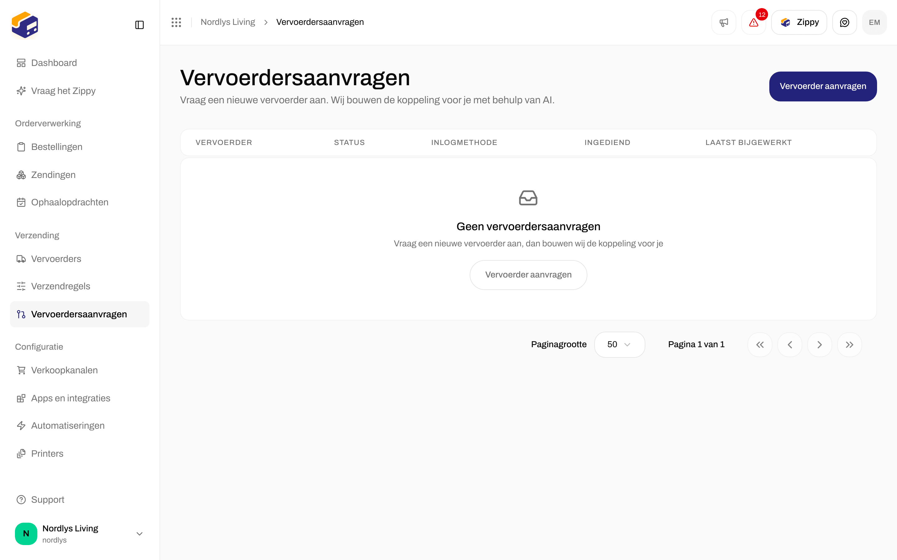 Pagina Vervoerdersaanvragen zonder aanvragen en de knop Vervoerder aanvragen