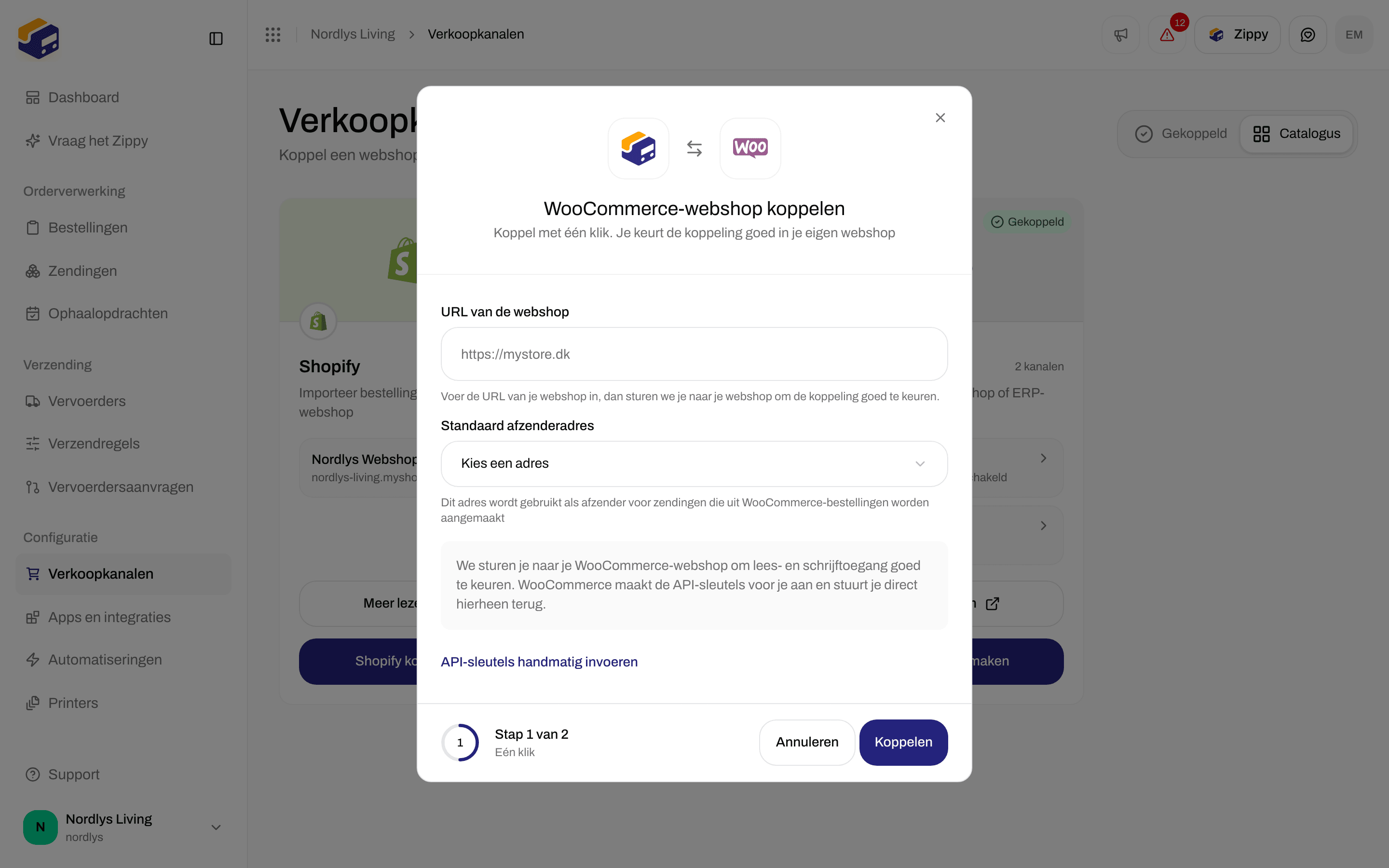 Venster WooCommerce-webshop koppelen met URL van de webshop, Standaard afzenderadres en Koppelen