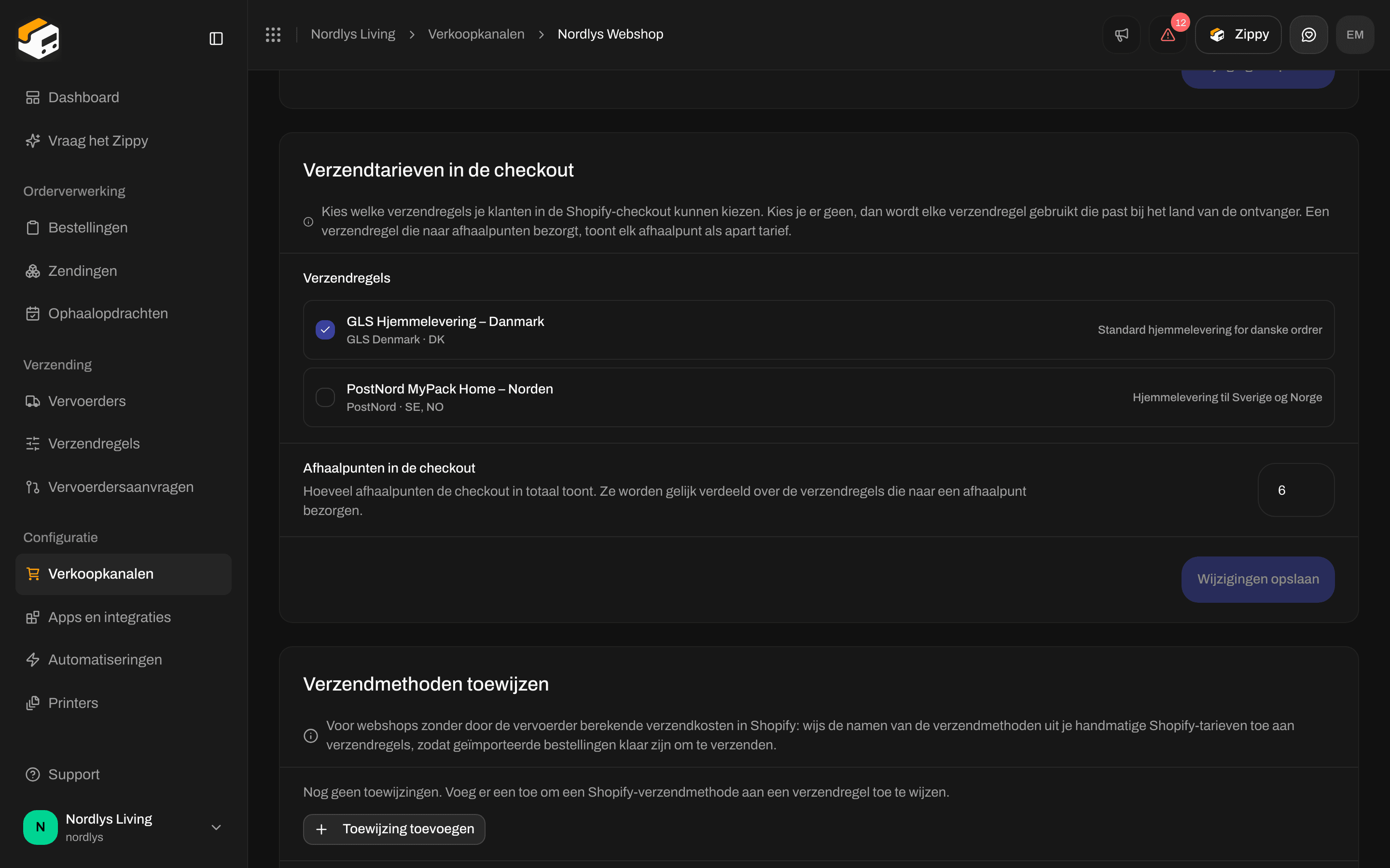Afhaalpunten in de checkout ingesteld op 6, met eronder een leeg onderdeel Verzendmethoden toewijzen