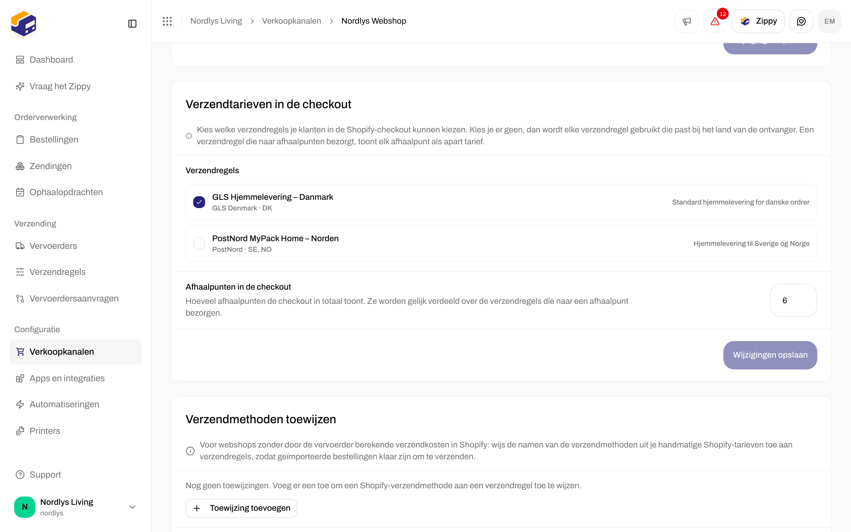 Afhaalpunten in de checkout ingesteld op 6, met eronder een leeg onderdeel Verzendmethoden toewijzen