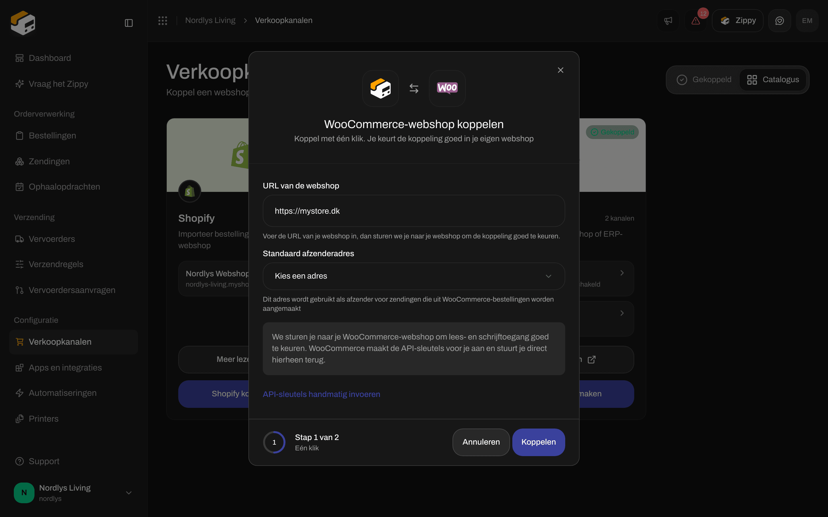 Venster WooCommerce-webshop koppelen met URL van de webshop, Standaard afzenderadres en Koppelen