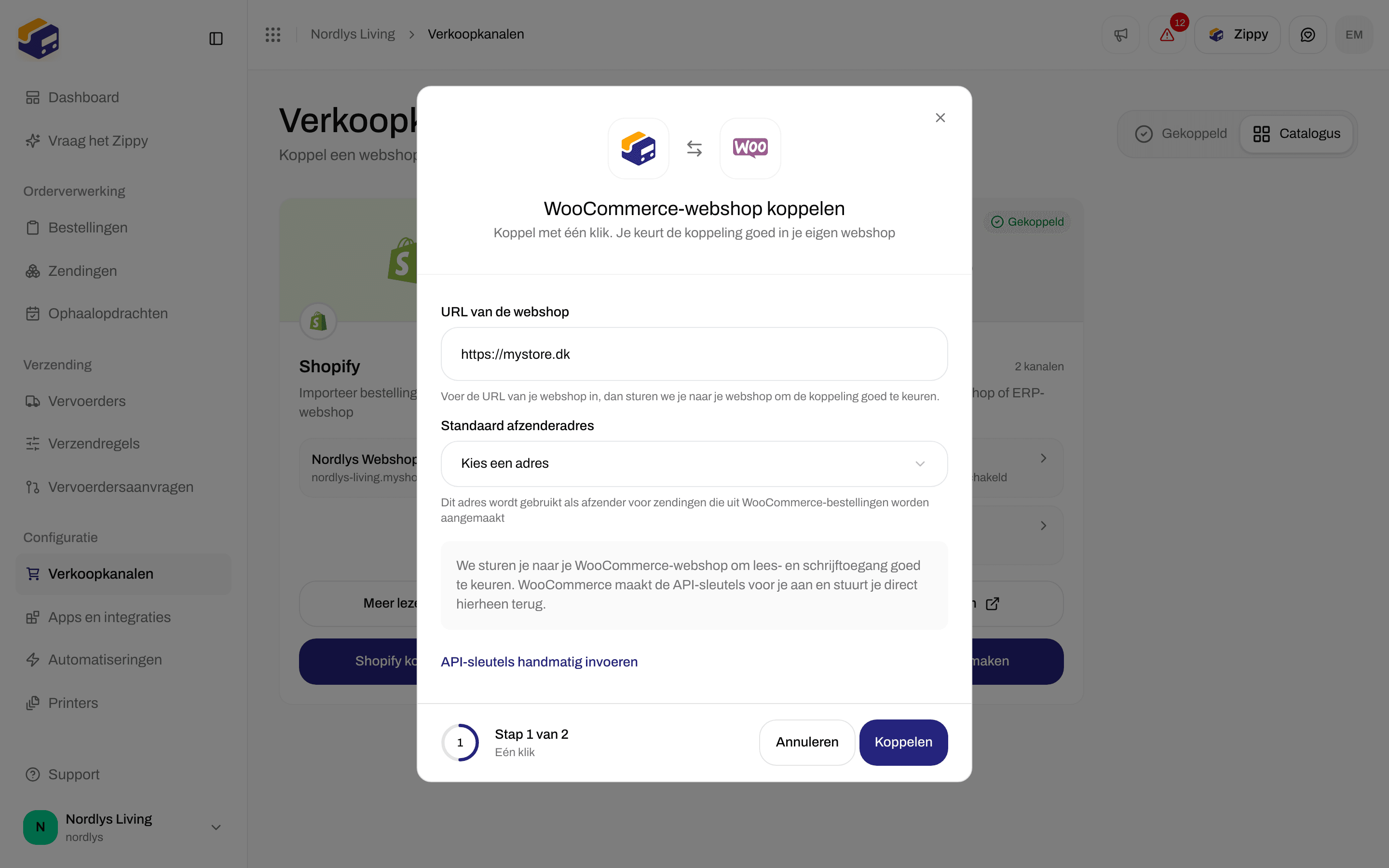 Venster WooCommerce-webshop koppelen met URL van de webshop, Standaard afzenderadres en Koppelen
