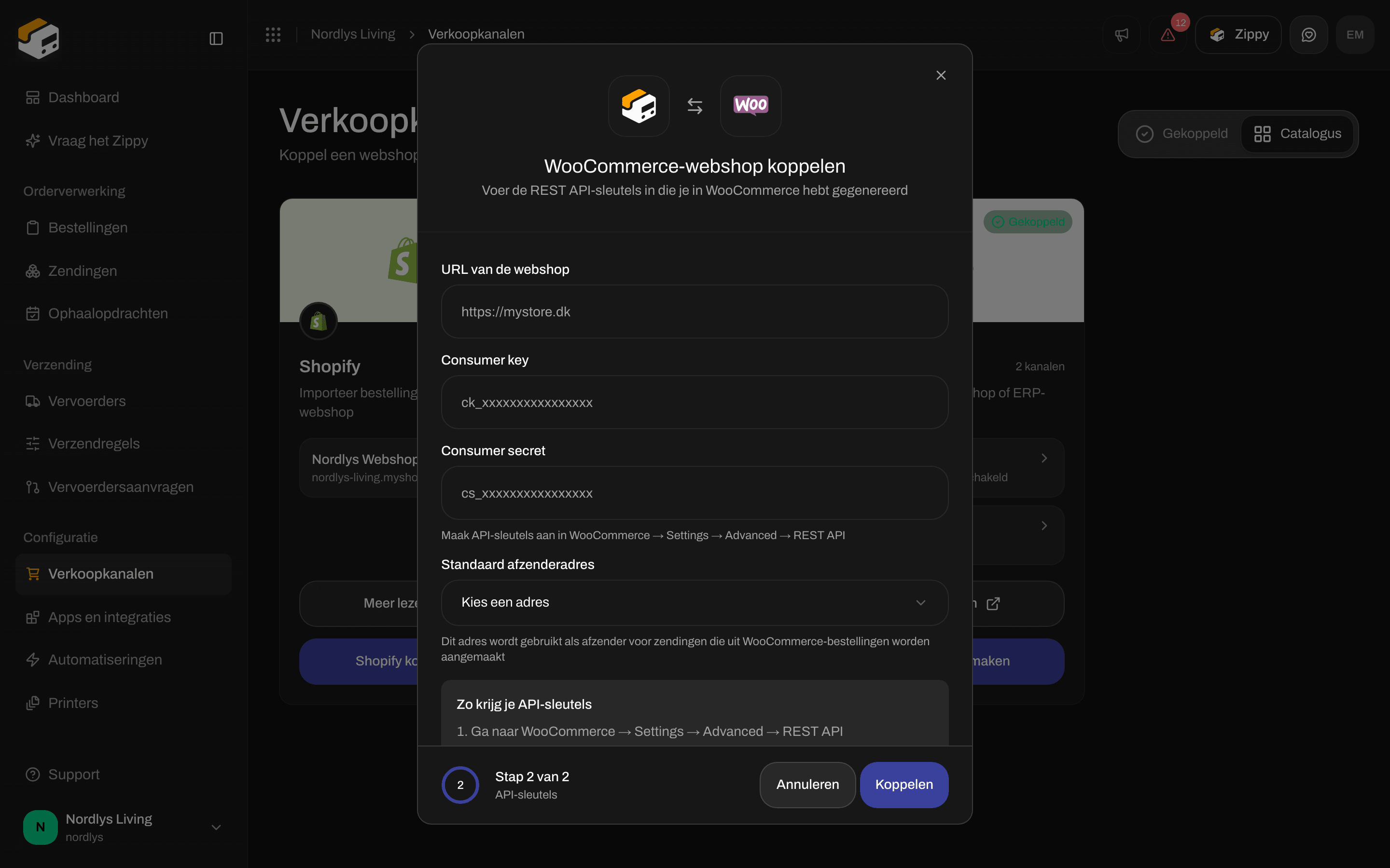 Venster WooCommerce-webshop koppelen bij de stap API-sleutels