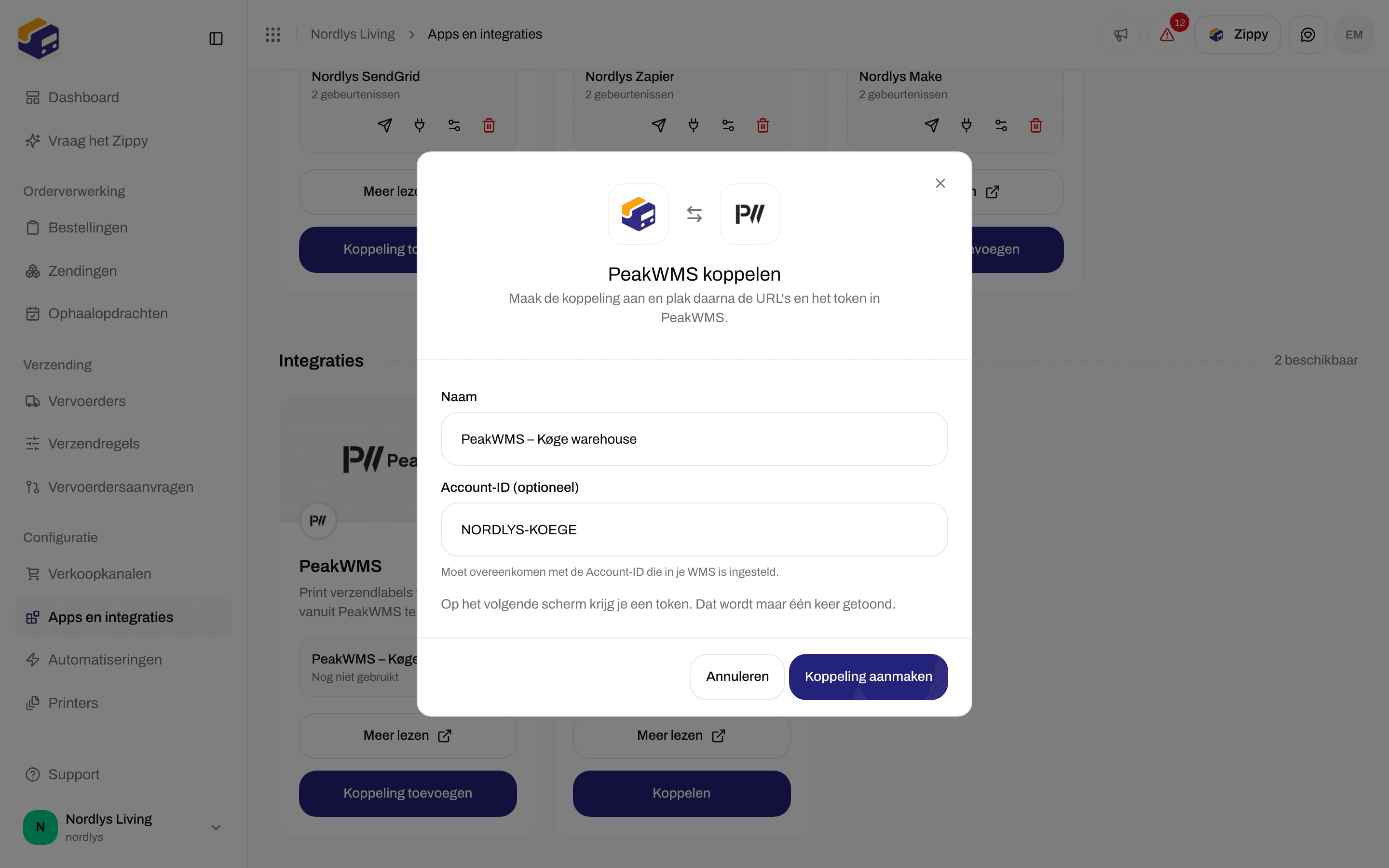 Venster PeakWMS koppelen met de naam van een magazijn en een voorbeeld van een Account-ID