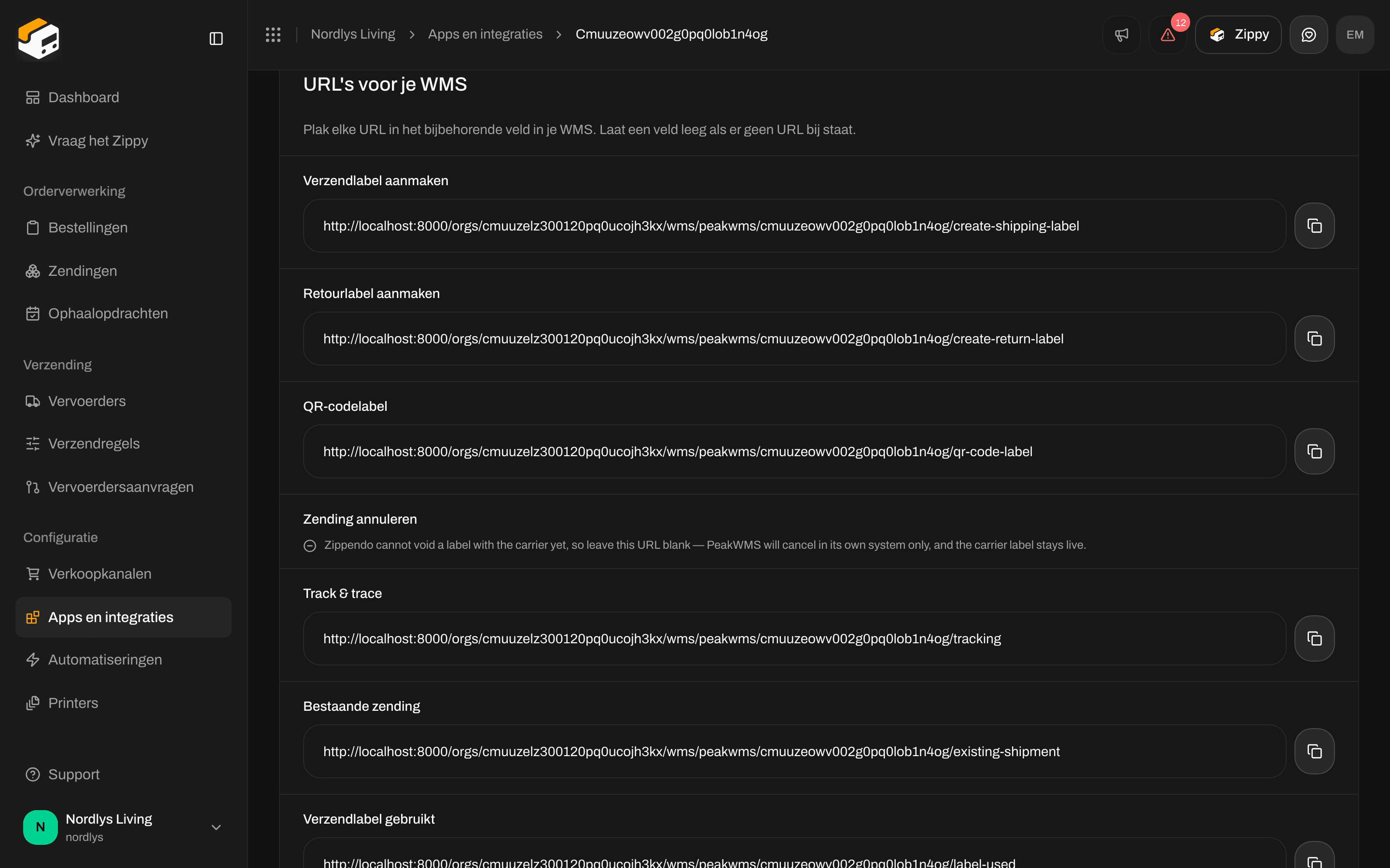 Onderdeel URL's voor je WMS met Verzendlabel aanmaken, Retourlabel aanmaken, QR-codelabel, Track & trace, Bestaande zending en Verzendlabel gebruikt met kopieerknoppen