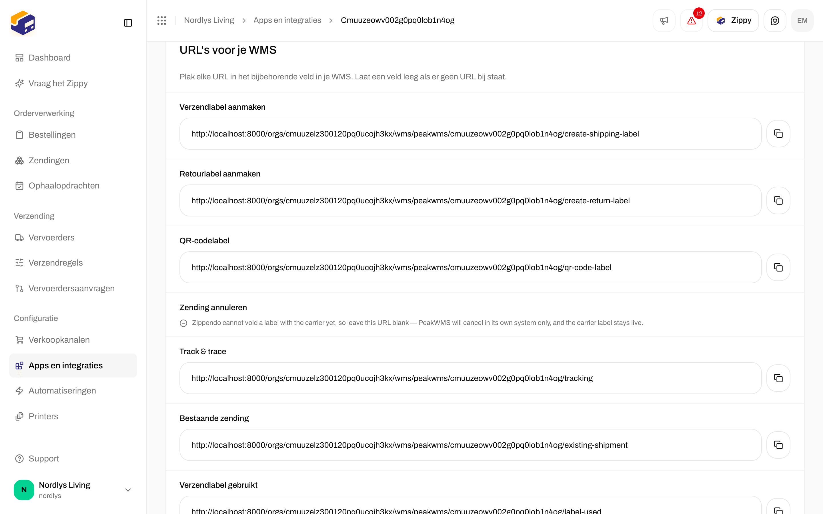 Onderdeel URL's voor je WMS met Verzendlabel aanmaken, Retourlabel aanmaken, QR-codelabel, Track & trace, Bestaande zending en Verzendlabel gebruikt met kopieerknoppen