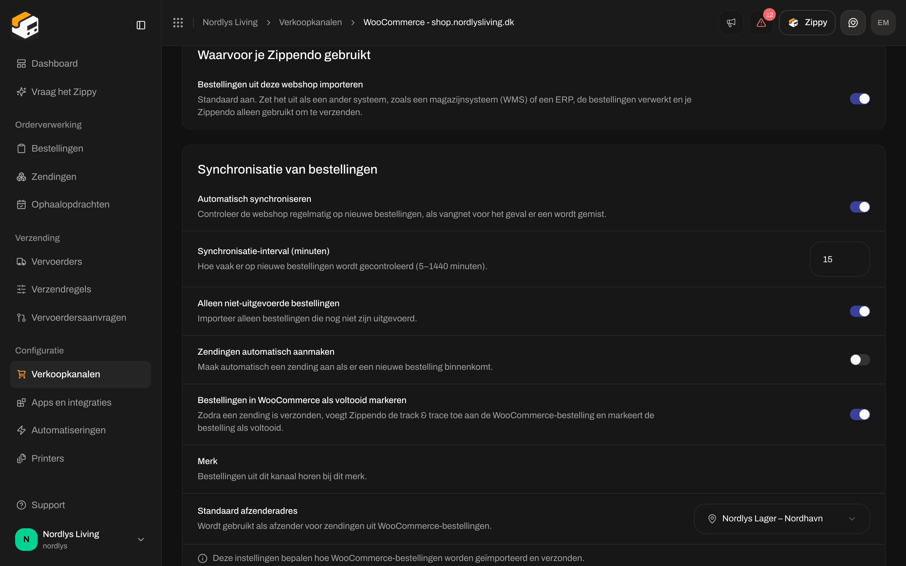 Instellingen van het verkoopkanaal met het onderdeel Waarvoor je Zippendo gebruikt en de schakelaar voor het importeren van bestellingen