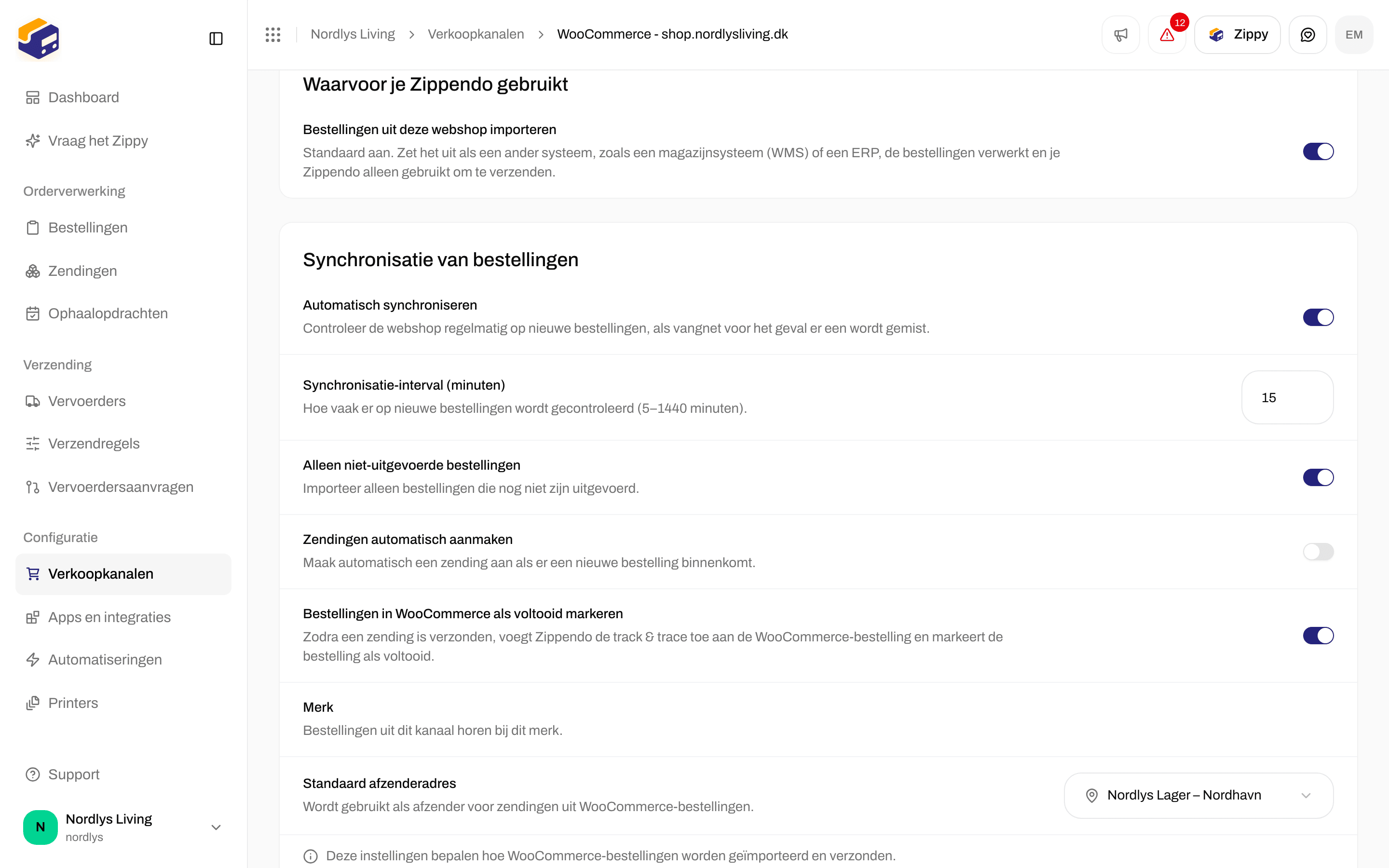 Instellingen van het verkoopkanaal met het onderdeel Waarvoor je Zippendo gebruikt en de schakelaar voor het importeren van bestellingen
