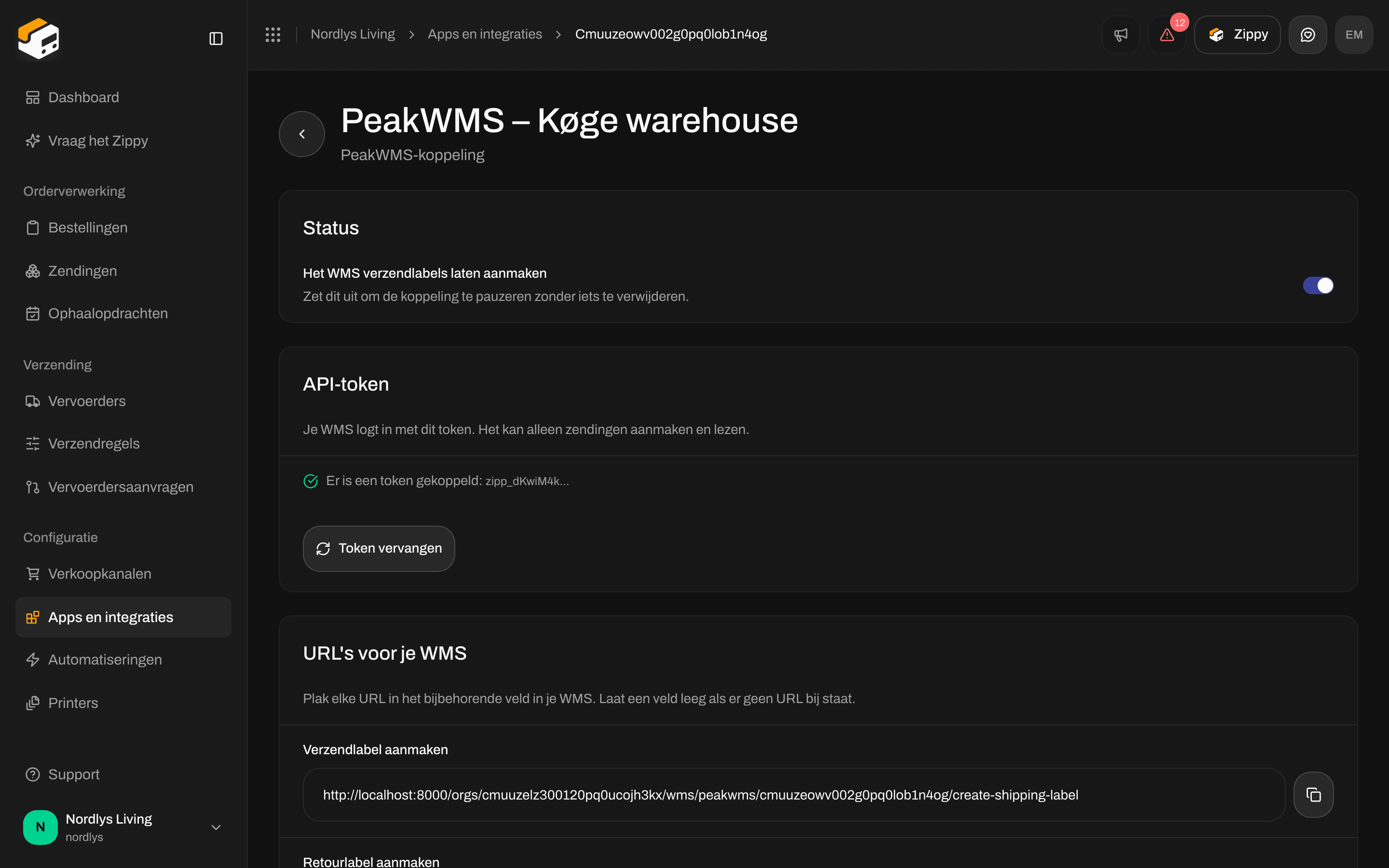 Koppelingspagina met het onderdeel Status en de schakelaar Het WMS verzendlabels laten aanmaken ingeschakeld