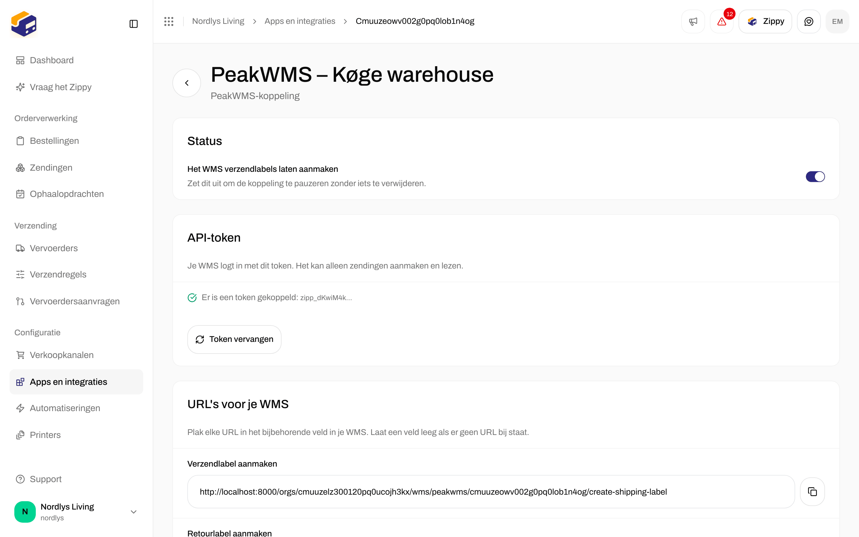Koppelingspagina met het onderdeel Status en de schakelaar Het WMS verzendlabels laten aanmaken ingeschakeld