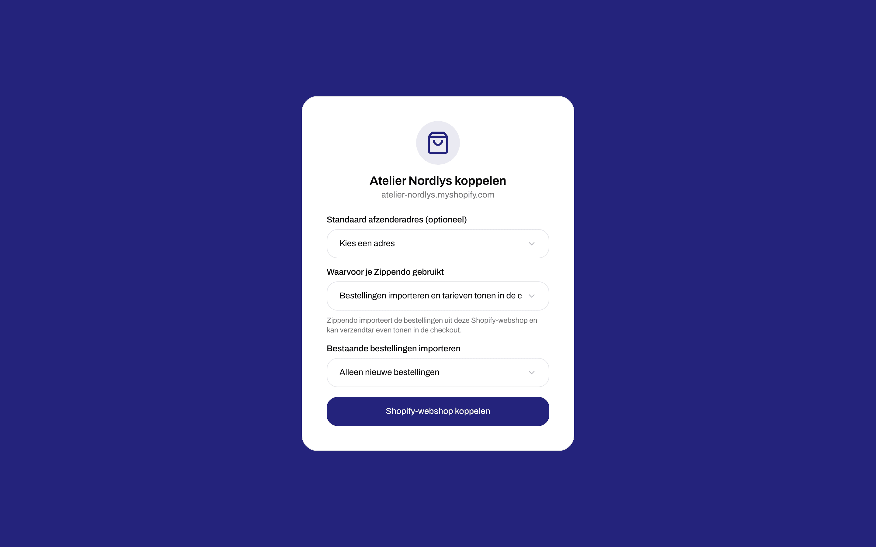 Koppelformulier voor een Shopify-webshop met Standaard afzenderadres (optioneel), Bestaande bestellingen importeren ingesteld op Alleen nieuwe bestellingen en een knop Shopify-webshop koppelen