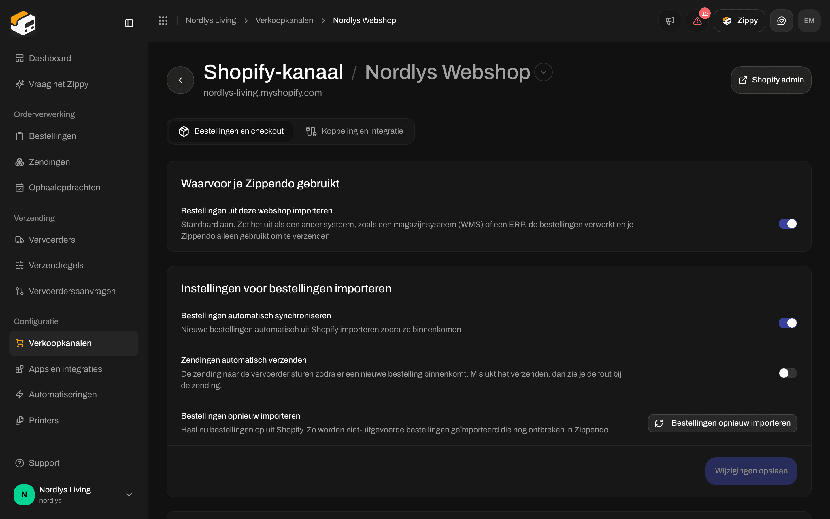 Tabblad Bestellingen en checkout met Bestellingen automatisch synchroniseren aan, Zendingen automatisch verzenden uit, Bestellingen opnieuw importeren en Orderverwerking synchroniseren met Shopify aan