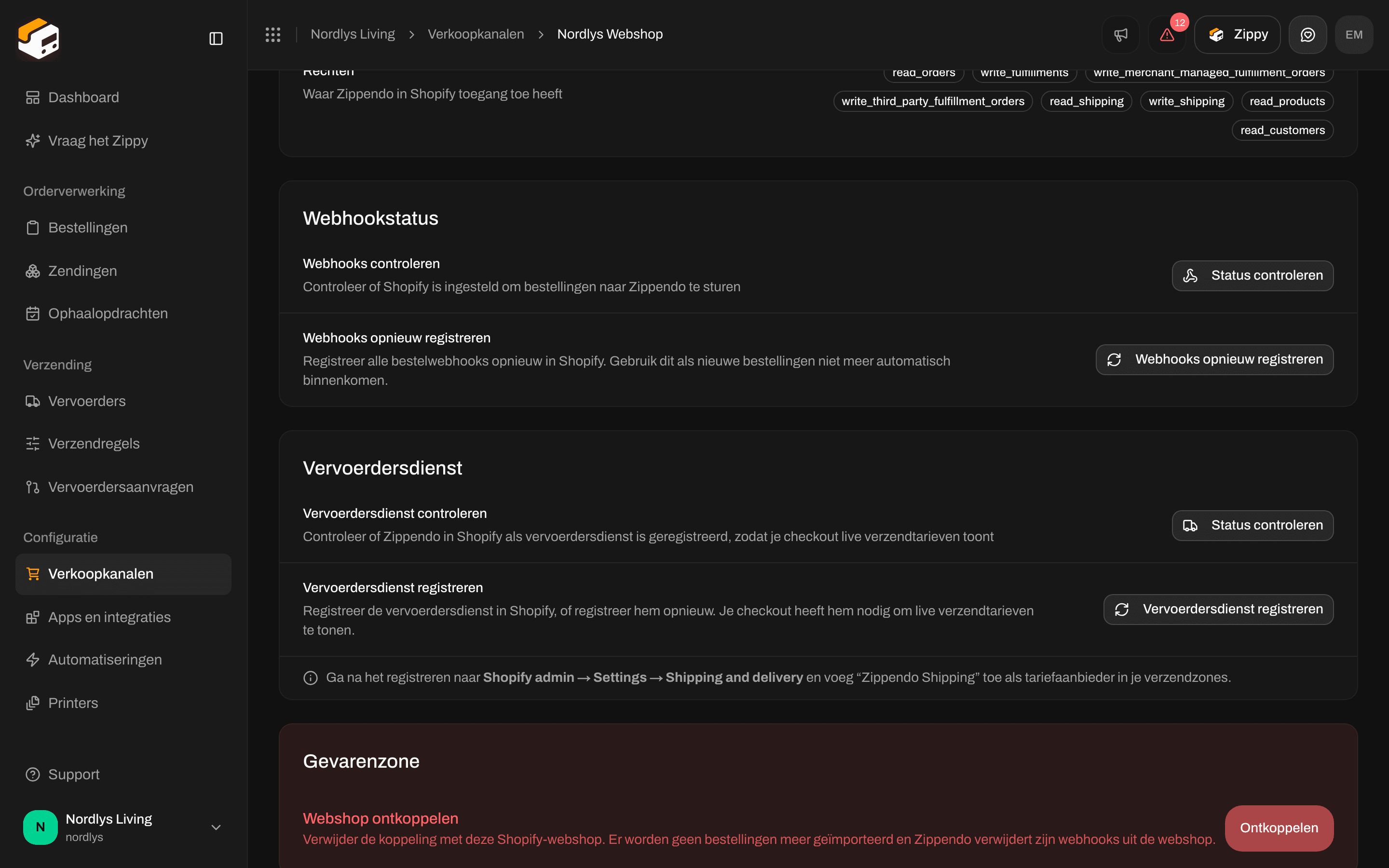 Tabblad Koppeling met Webhookstatus, Vervoerdersdienst en de Gevarenzone met Webshop ontkoppelen