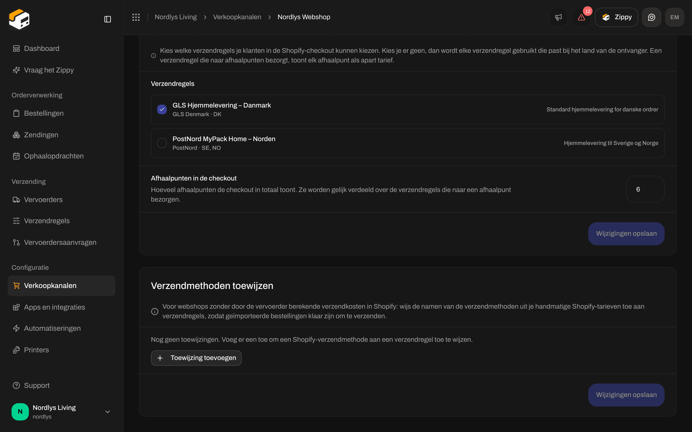 Sectie Verzendmethoden toewijzen met Nog geen toewijzingen en een knop Toewijzing toevoegen