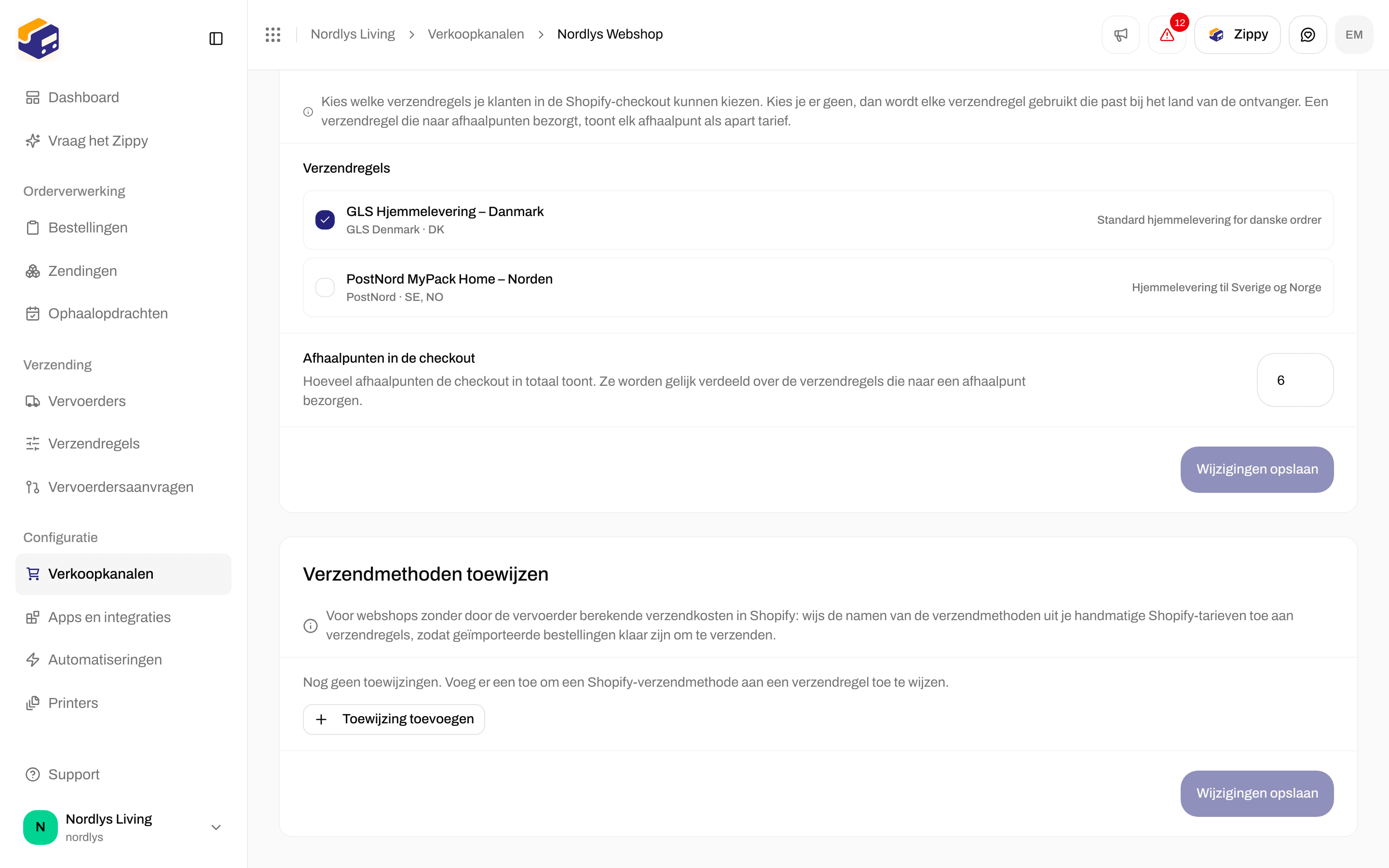 Sectie Verzendmethoden toewijzen met Nog geen toewijzingen en een knop Toewijzing toevoegen