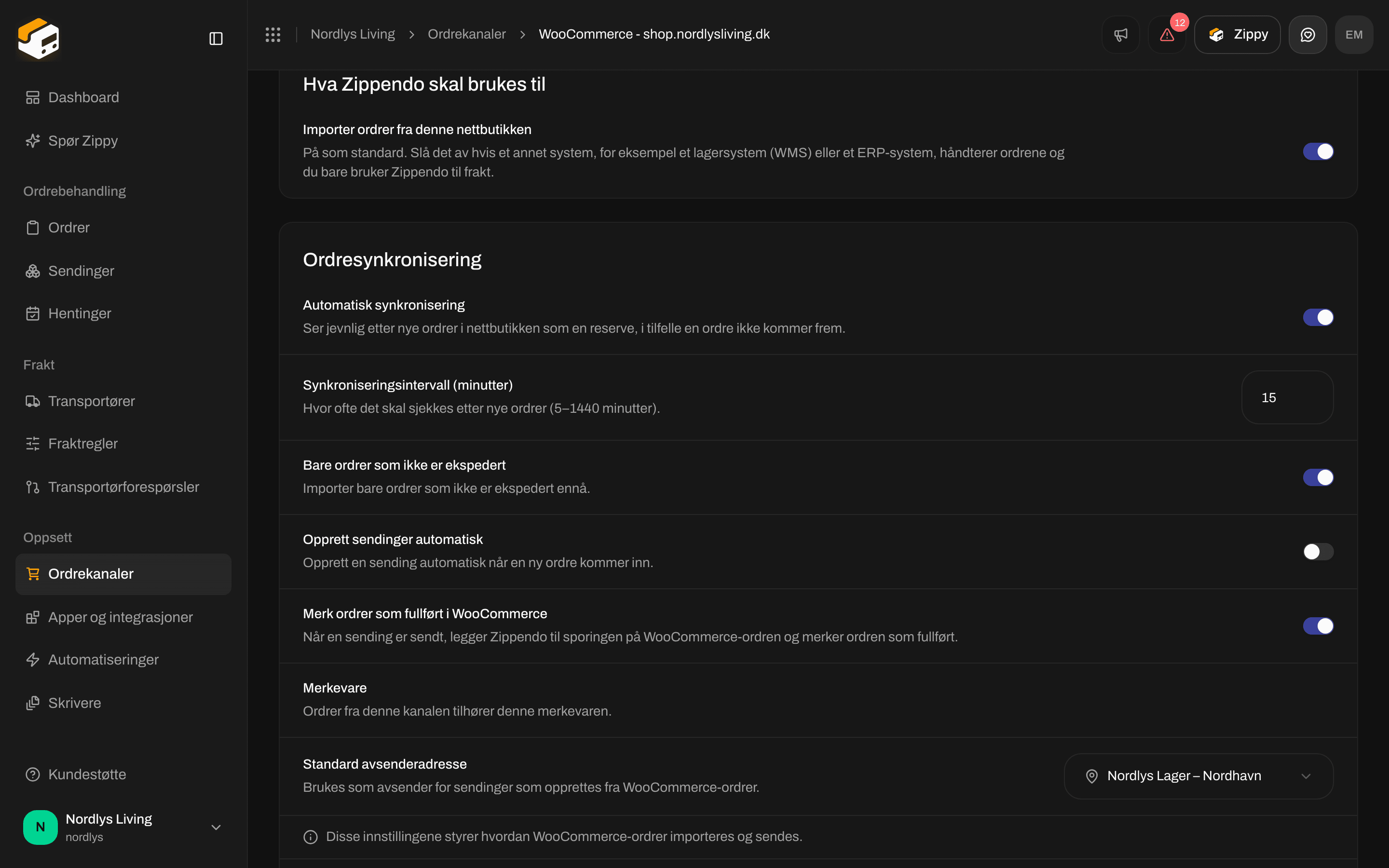 Innstillinger for ordrekanalen med seksjonen Hva Zippendo skal brukes til og bryteren for ordreimport