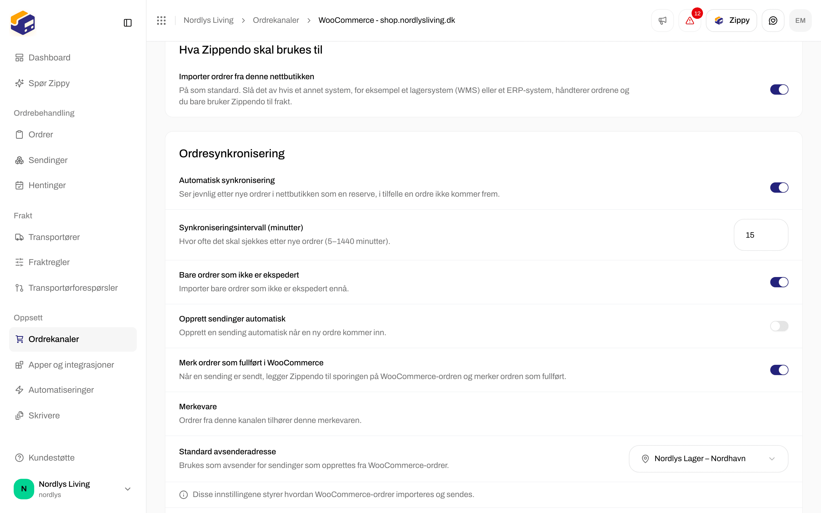 Innstillinger for ordrekanalen med seksjonen Hva Zippendo skal brukes til og bryteren for ordreimport