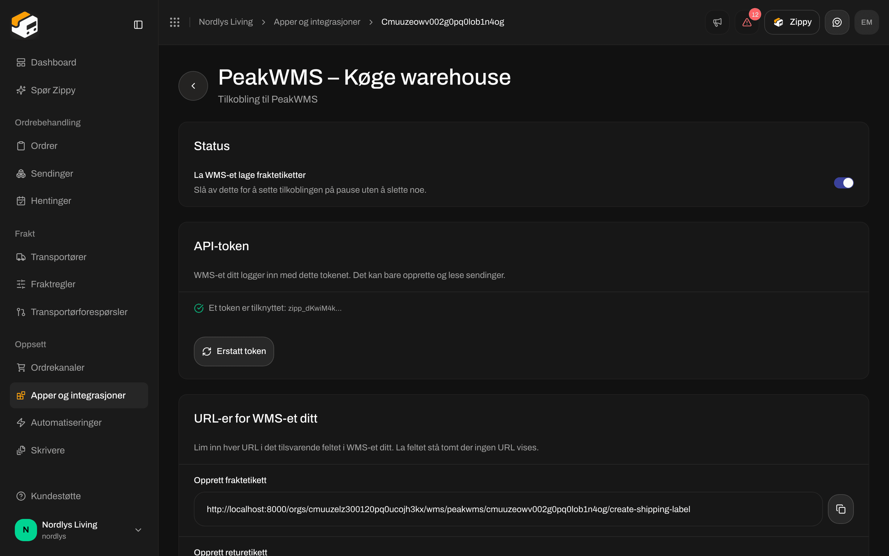 Tilkoblingssiden med seksjonen Status og bryteren La WMS-et lage fraktetiketter slått på