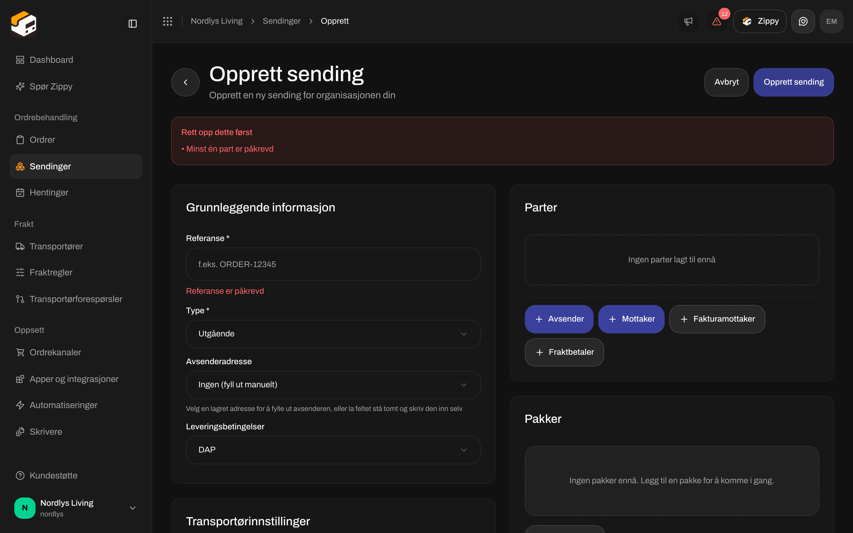 Skjemaet Opprett sending som viser Referanse er påkrevd og Minst én part er påkrevd