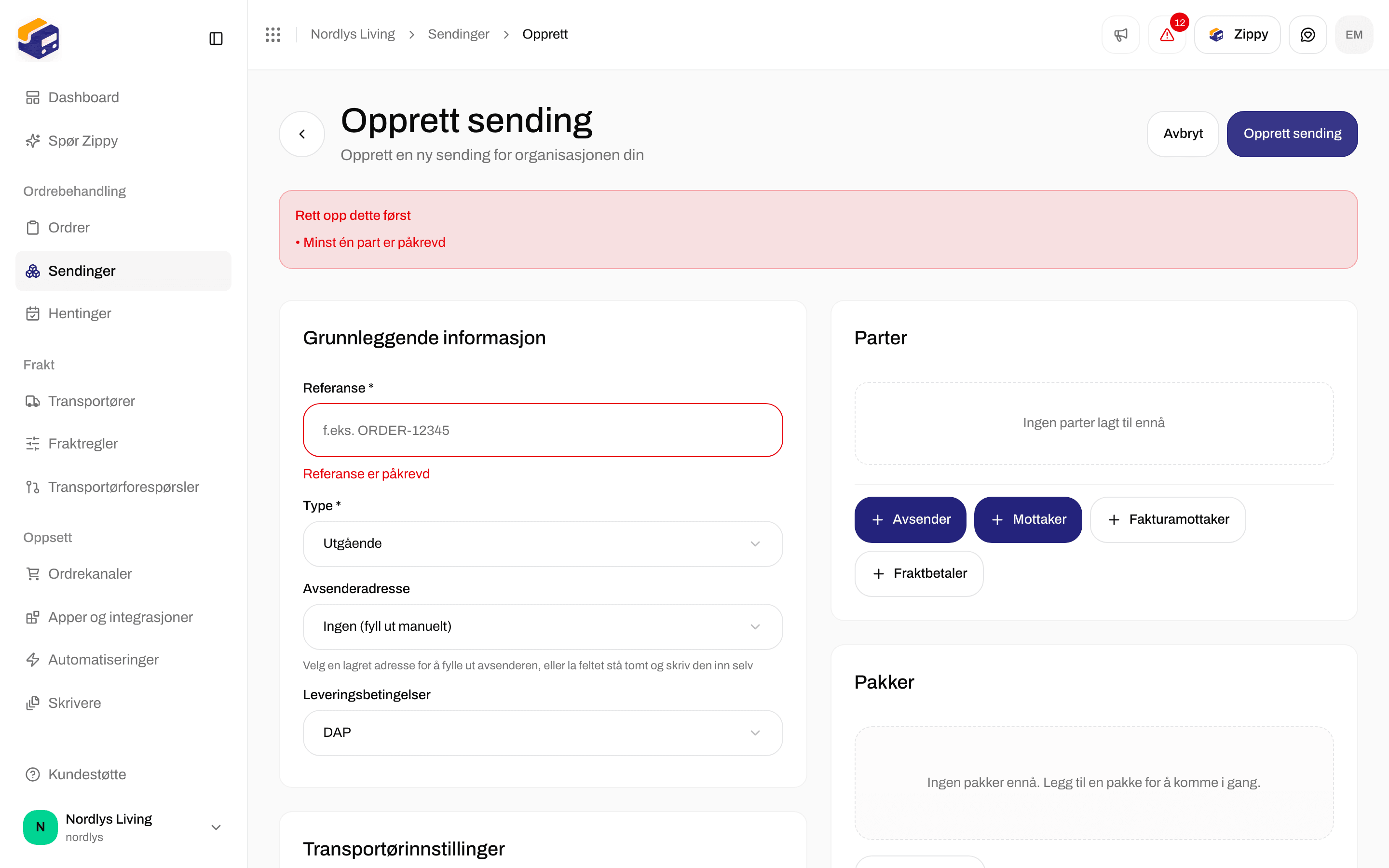 Skjemaet Opprett sending som viser Referanse er påkrevd og Minst én part er påkrevd