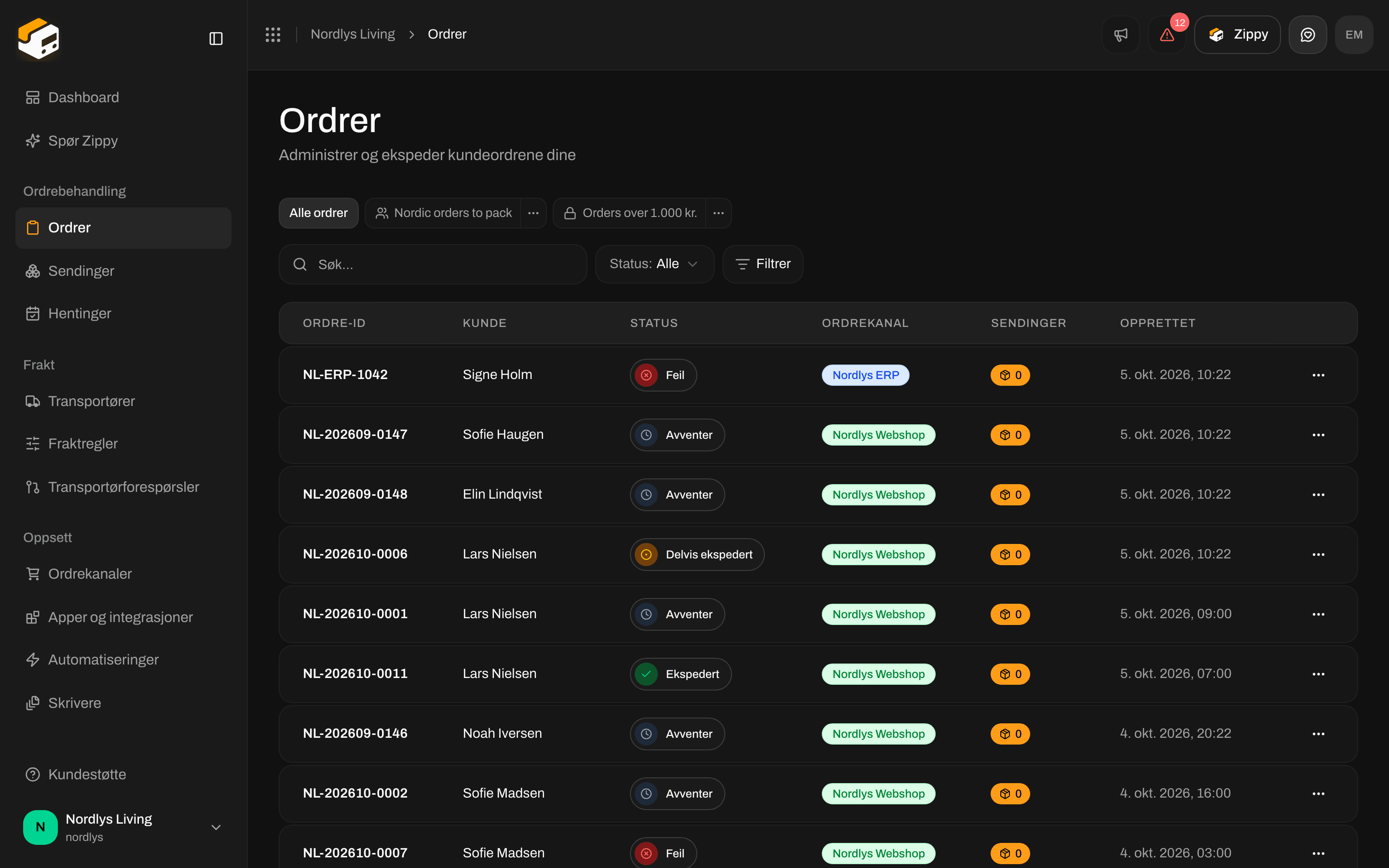 Listen Ordrer med ordrenumre, kunder og statuser