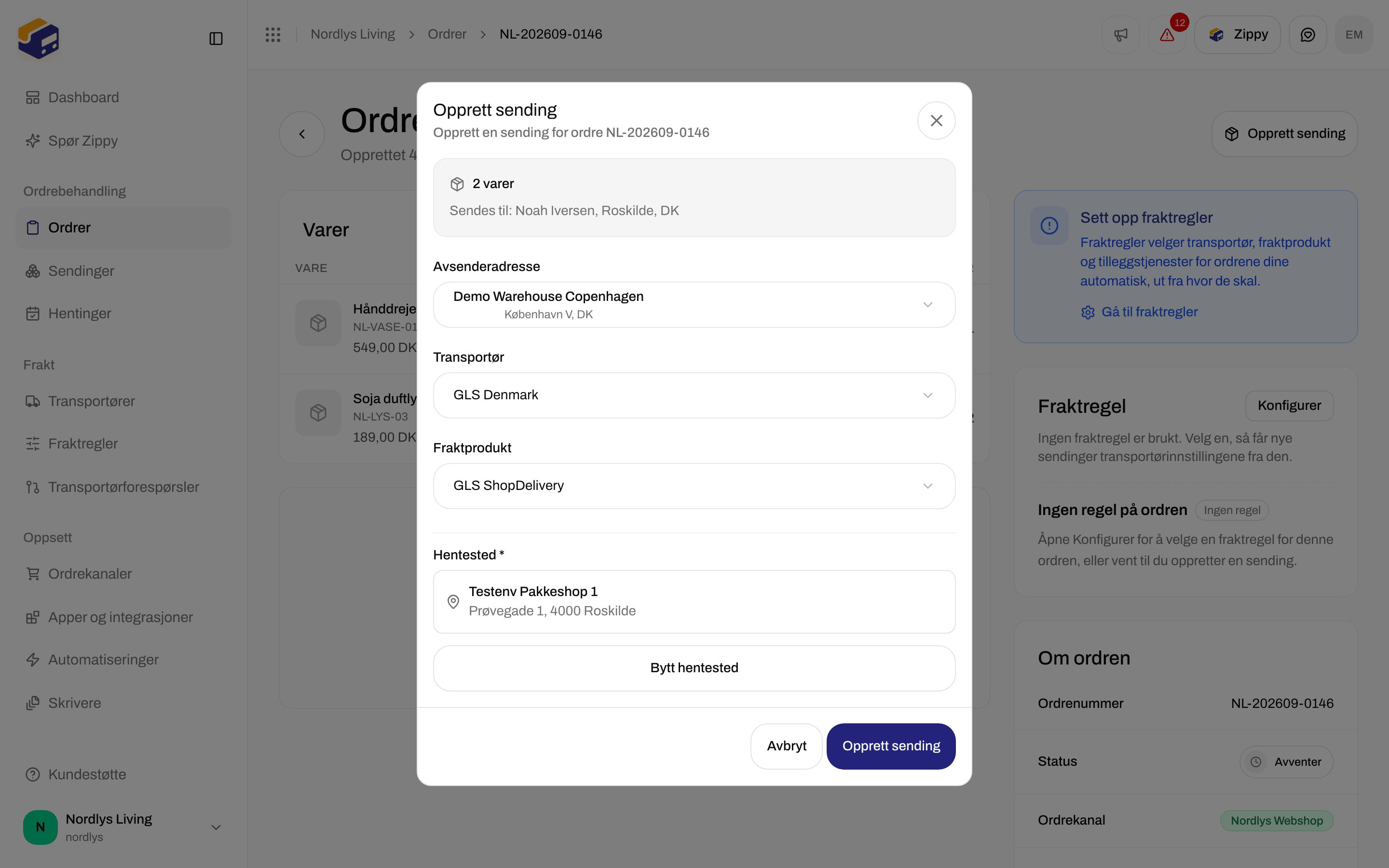 Vinduet Opprett sending med GLS ShopDelivery og et valgt hentested