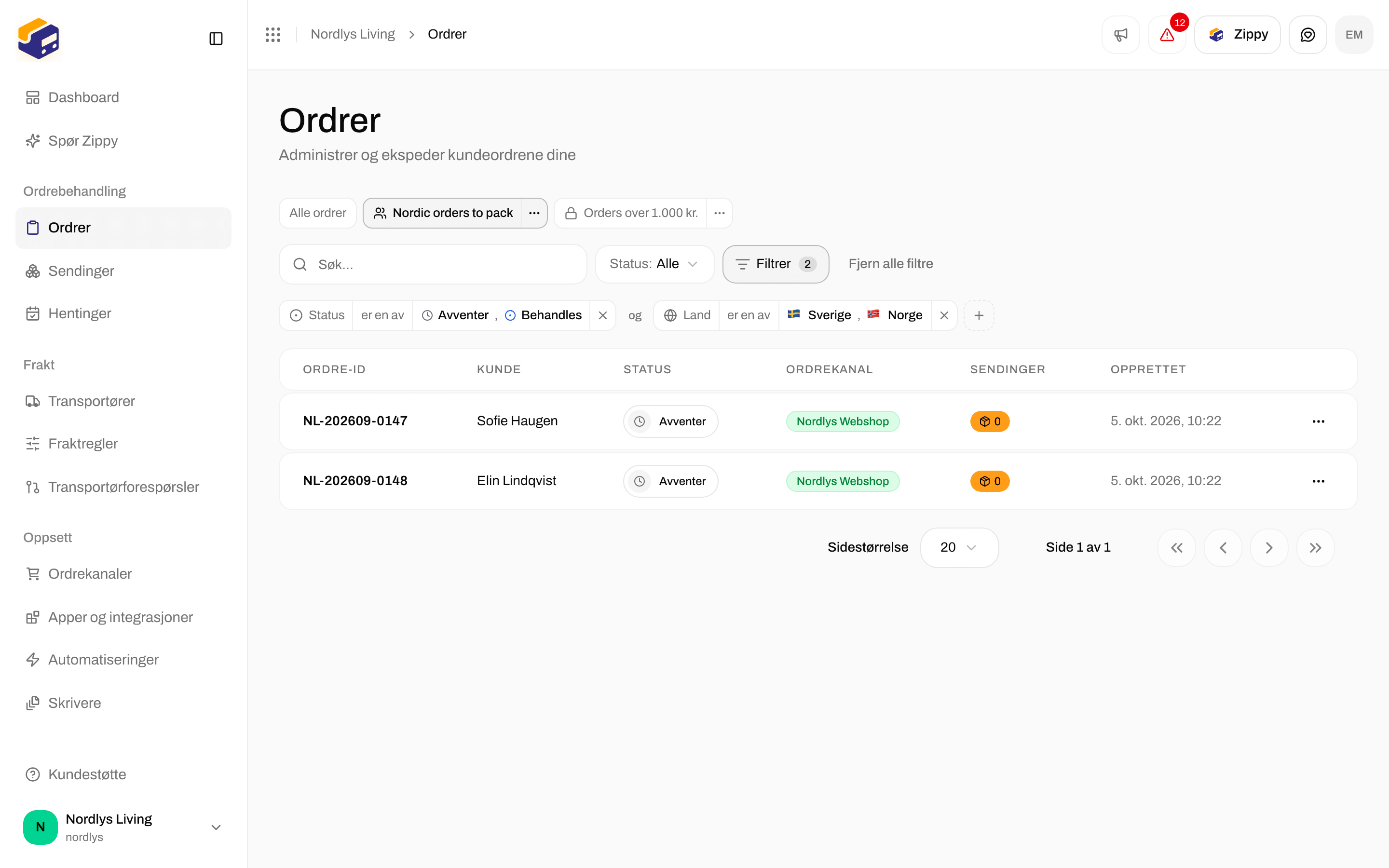 Faner over filtrene: All orders, Nordic orders to pack (aktiv) og en personlig visning