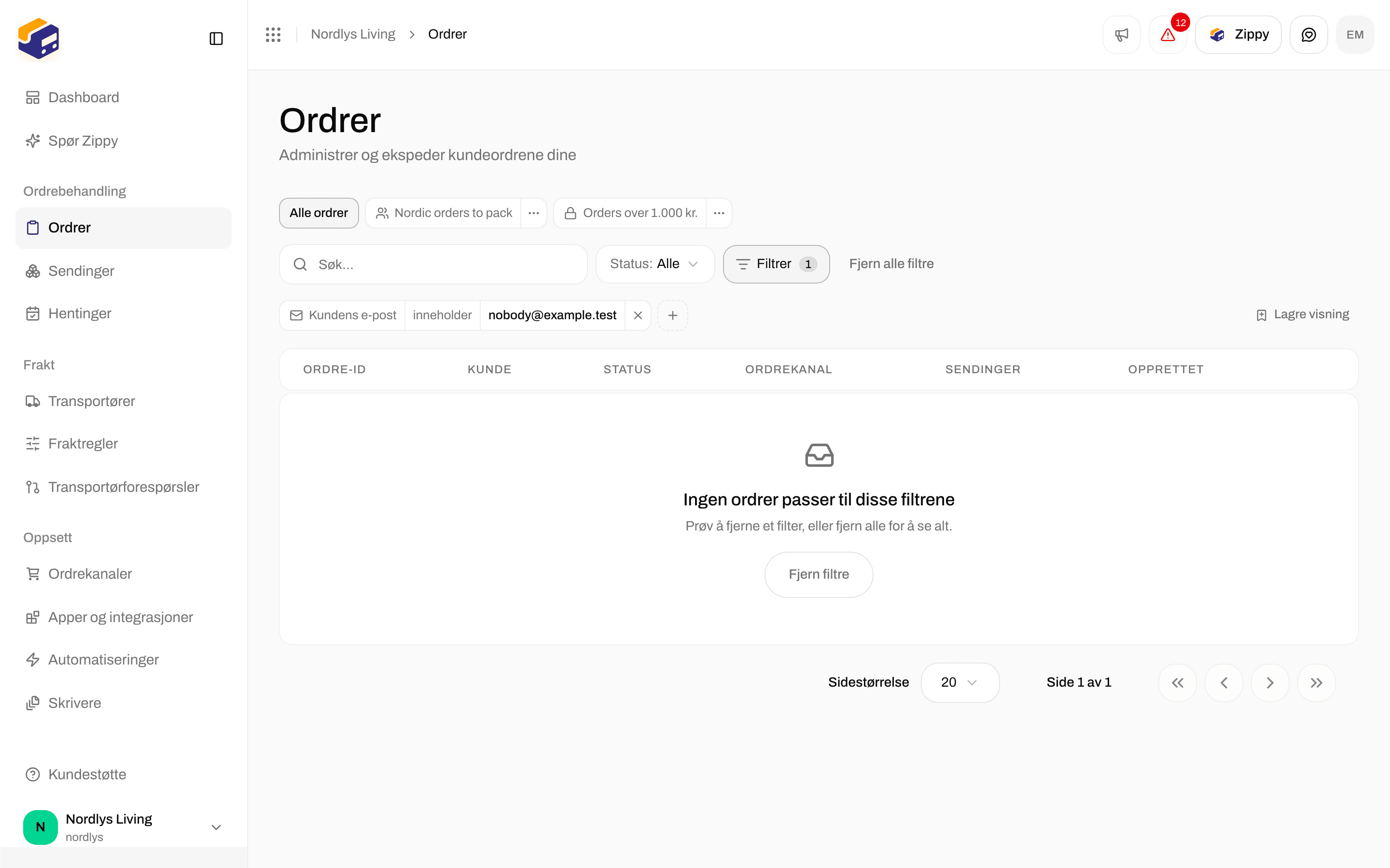 Tom ordretabell med No orders match these filters og en Clear filters-knapp
