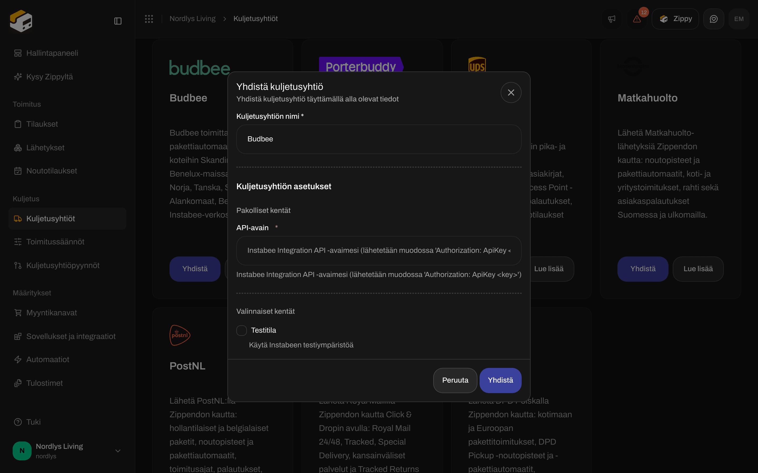 Budbeen Yhdistä kuljetusyhtiö -ikkuna, jossa pakollinen API-avain ja valinnainen Testitila