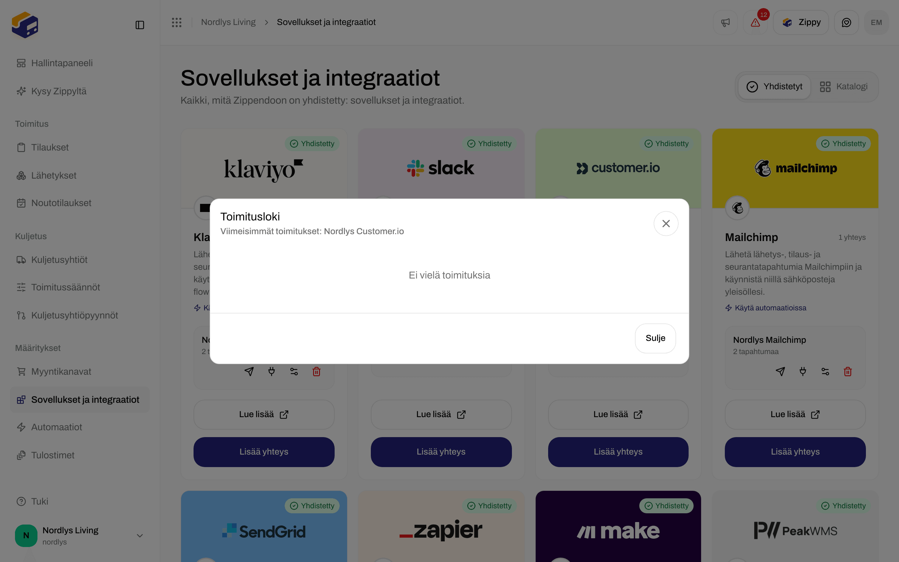 Customer.io-yhteyden toimituslogi-ikkuna, jossa lukee Ei vielä toimituksia