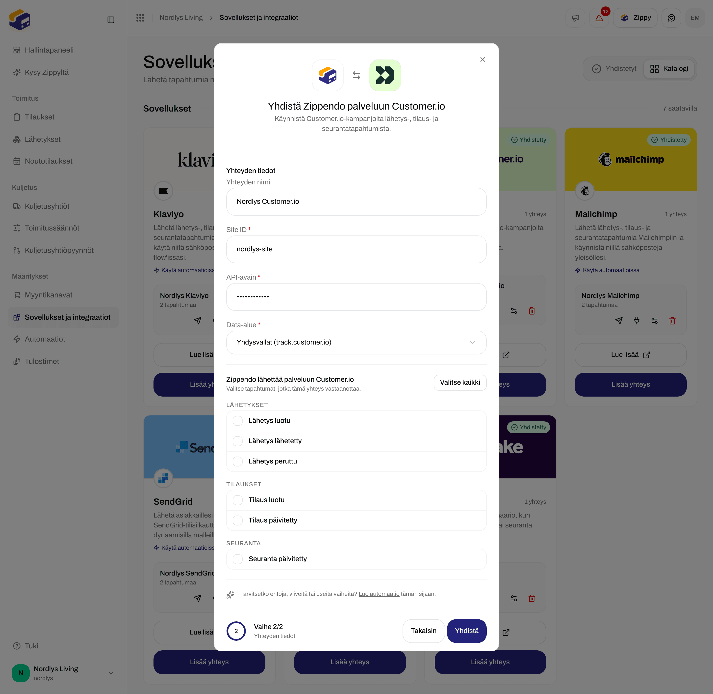 Customer.ion yhteysikkuna vieritettynä tilaus- ja seurantatapahtumien valintaruutuihin
