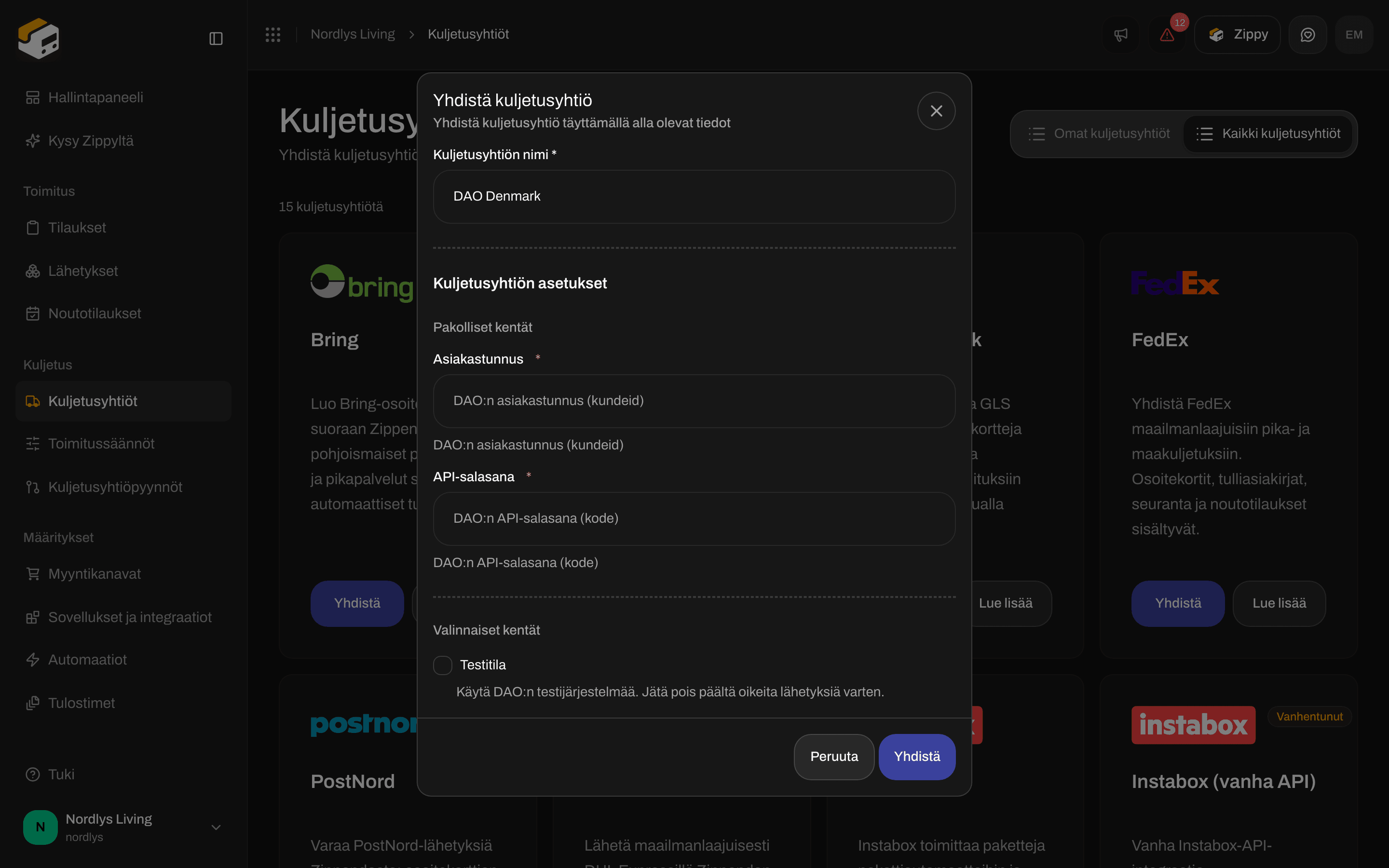 Yhdistä kuljetusyhtiö -ikkuna DAO Denmarkille, jossa pakolliset Customer ID ja API password