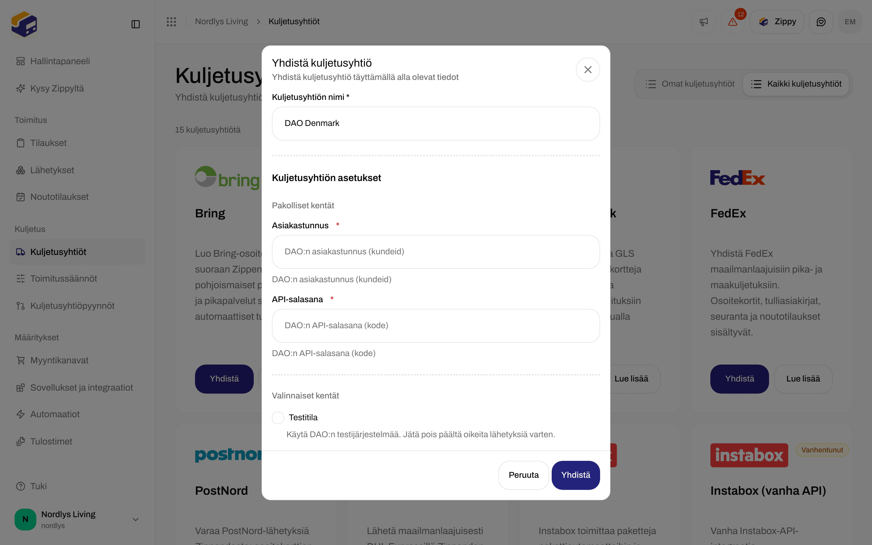 Yhdistä kuljetusyhtiö -ikkuna DAO Denmarkille, jossa pakolliset Customer ID ja API password